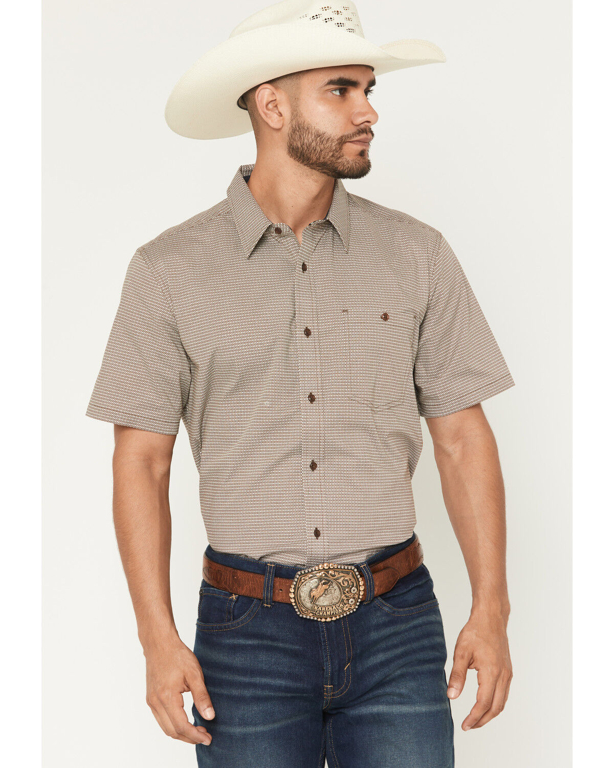 RANK 45&reg; Men's Canyon Echo Micro Geo Print Short Sleeve Button-Down Stretch Western Shirt, Lt Brown, hi-res