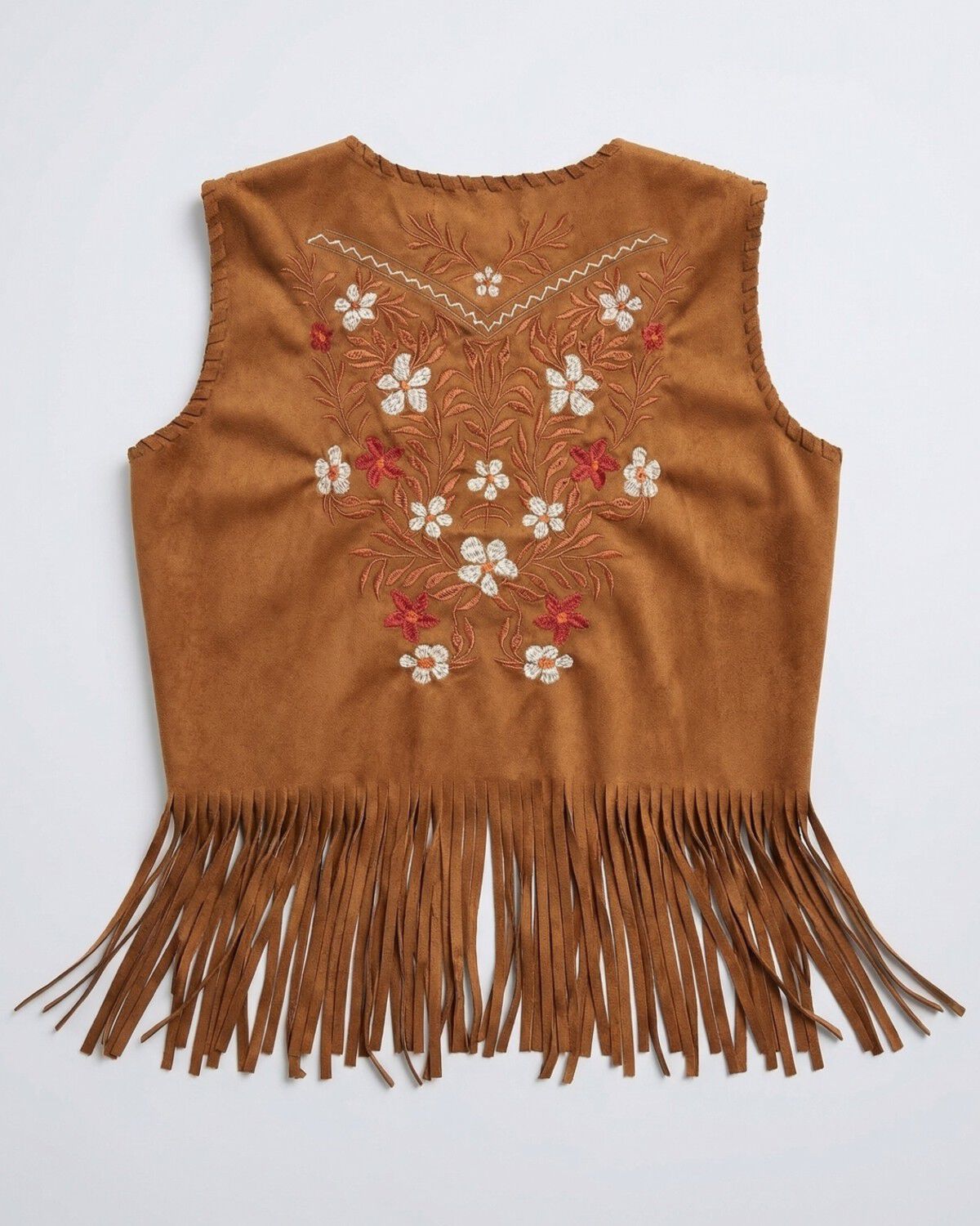 Image #1 - Fornia Girls' Floral Embroidered Faux Suede Vest, Camel, hi-res