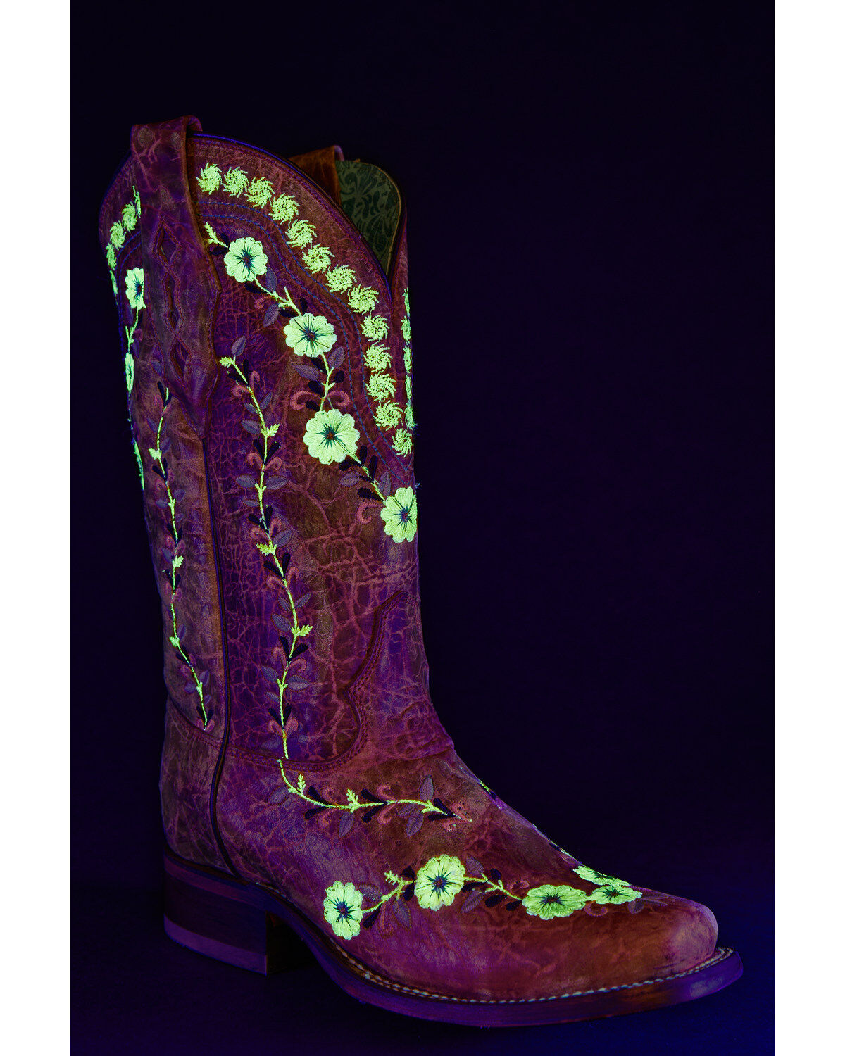 Image #2 - Corral Women's Floral Blacklight Western Boots - Square Toe, Cognac, hi-res