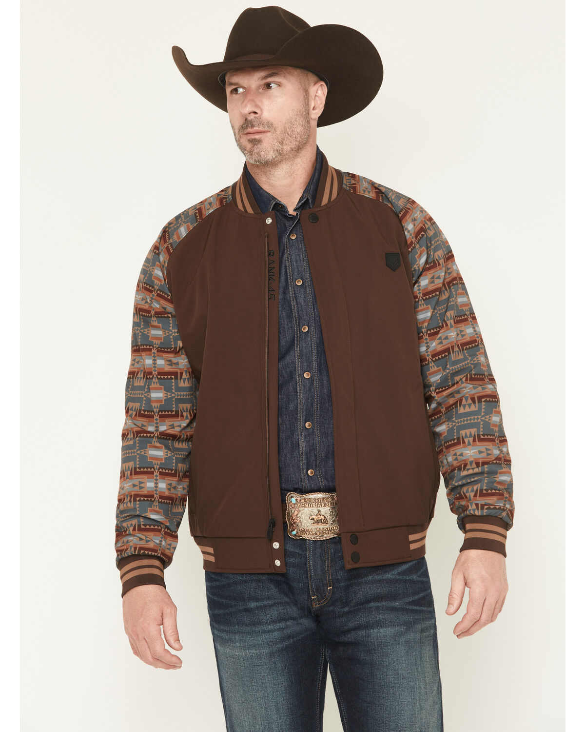 RANK 45&reg; Men's Calgary Southwestern Colorblock Varsity Softshell Jacket, Brown, hi-res