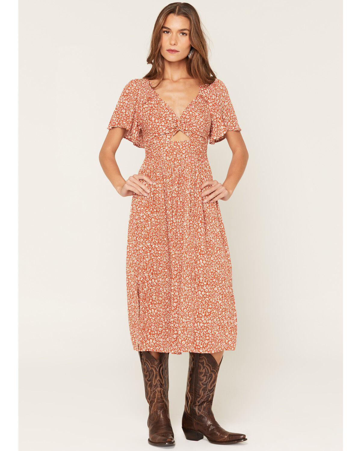 Image #1 - Angie Women's Floral Print Front Twist Midi Dress, Rust Copper, hi-res