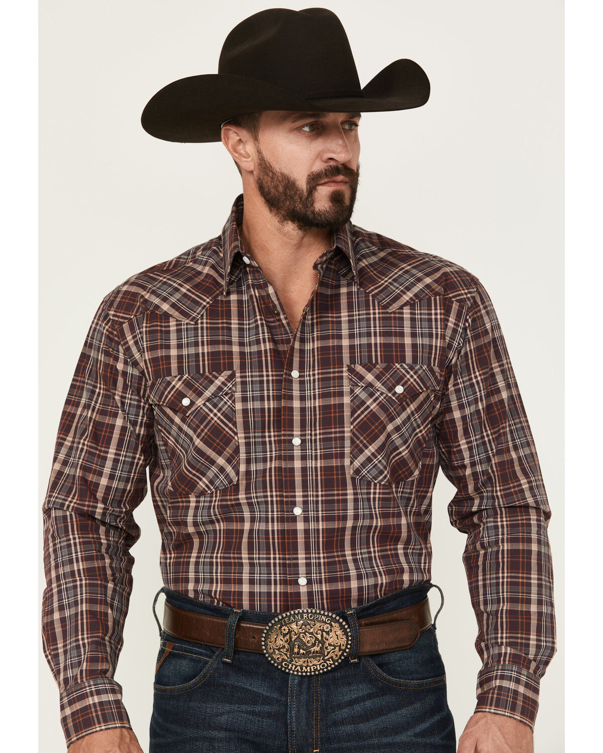 Image #1 - Rough Stock by Panhandle Men's Plaid Print Long Sleeve Pearl Snap Western Shirt, Purple, hi-res