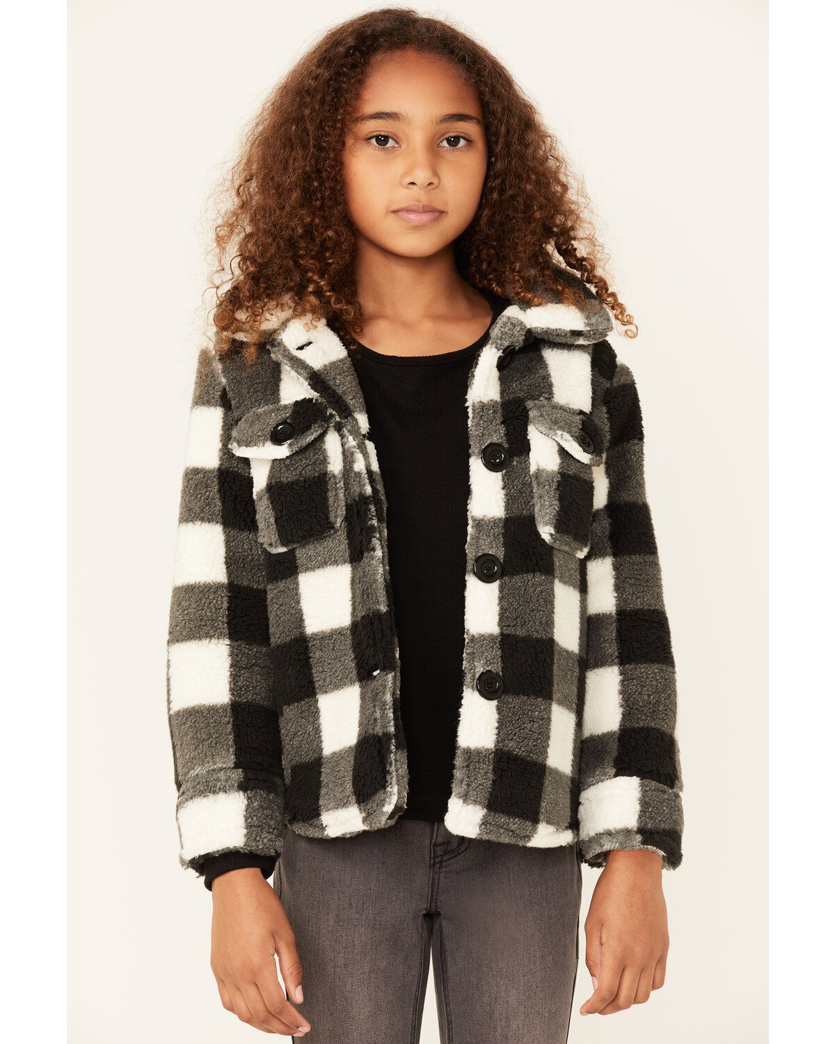 Urban Republic Little Girls' Plaid Print Sherpa Jacket, Black, hi-res