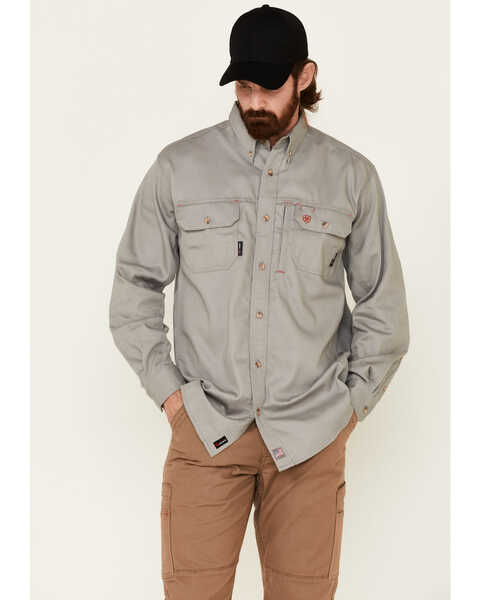 Image #1 - Ariat Men's Fire Resistant Solid Vent Long Sleeve Work Shirt, Silver, hi-res
