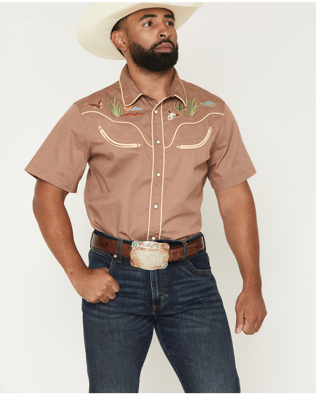 Sendero Provisions Men's Prescott Embroidered Short Sleeve Snap Western Shirt, Tan, hi-res