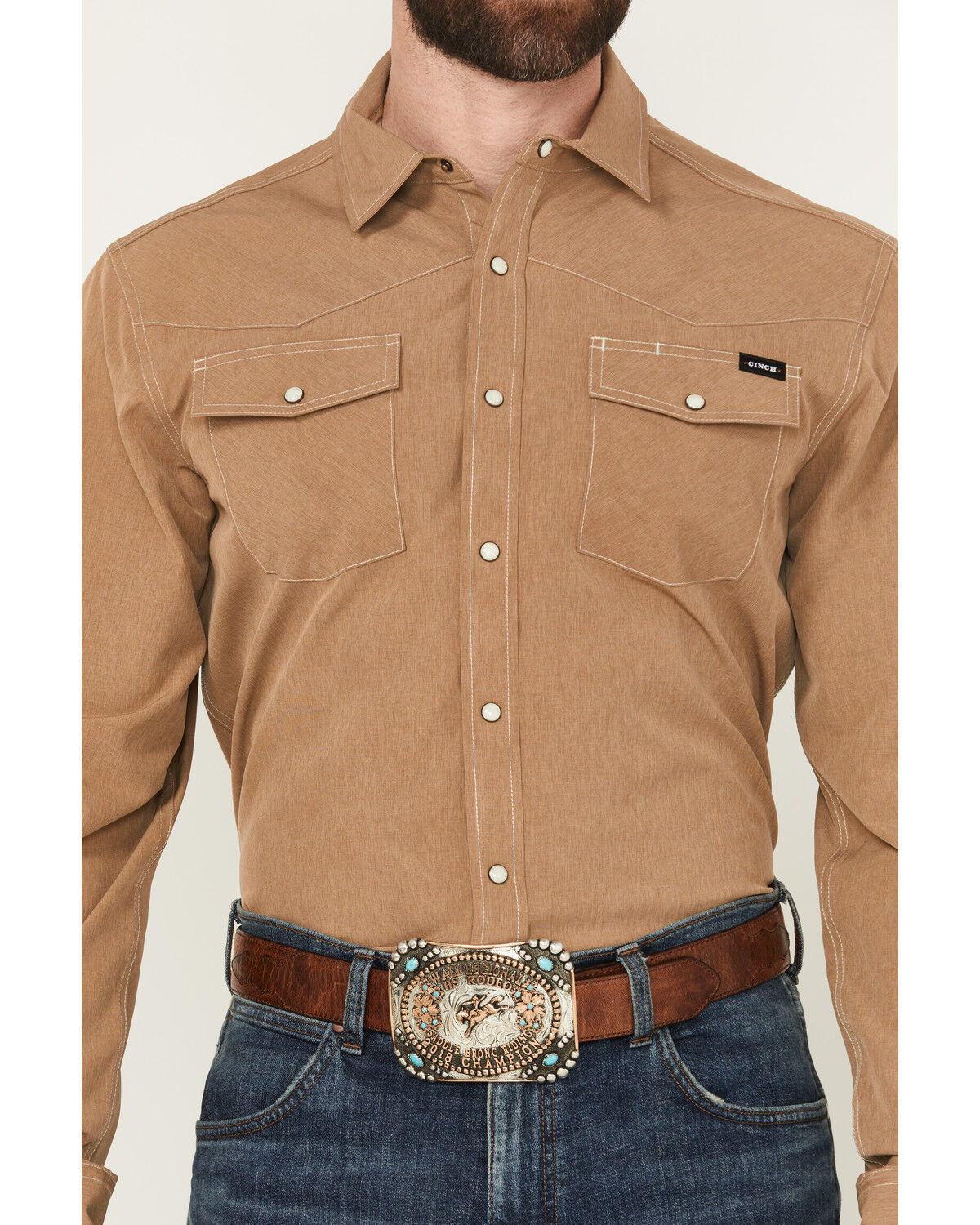 Image #2 - Cinch Men's Solid Arenaflex Long Sleeve Snap Western Performance Shirt, Brown, hi-res