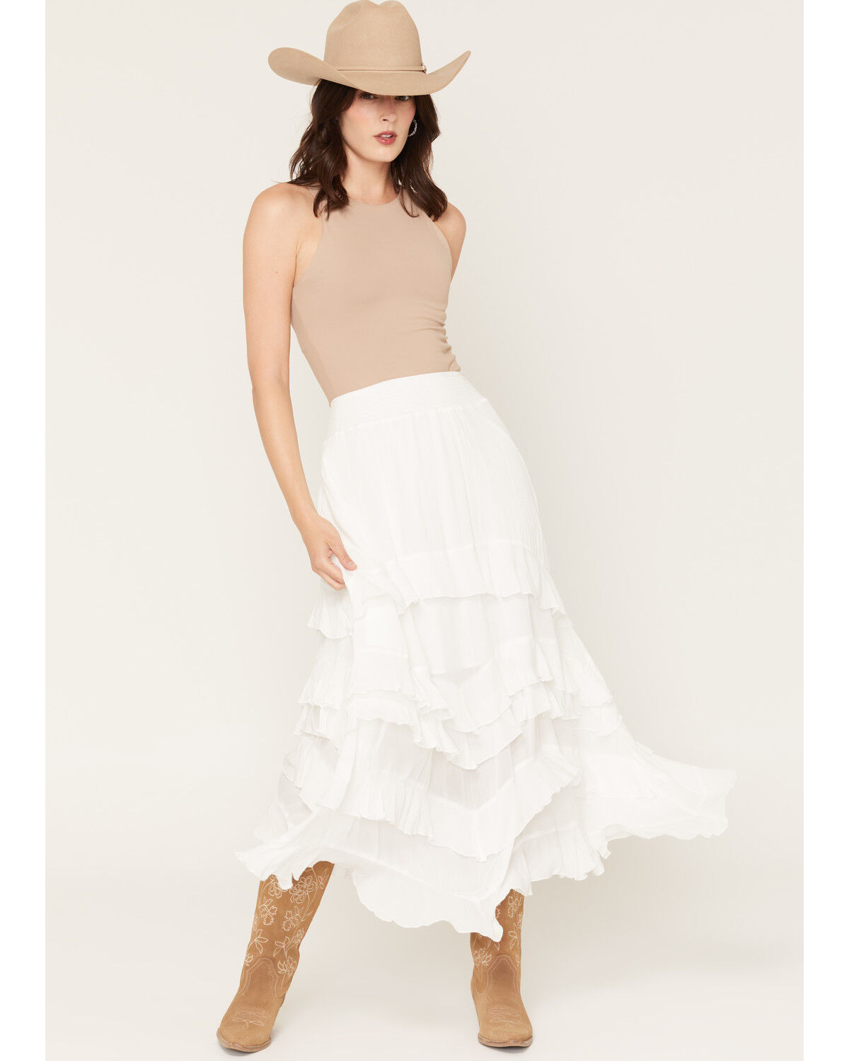 Image #1 - Ashley Women's Tiered Ruffle Maxi Skirt, White, hi-res