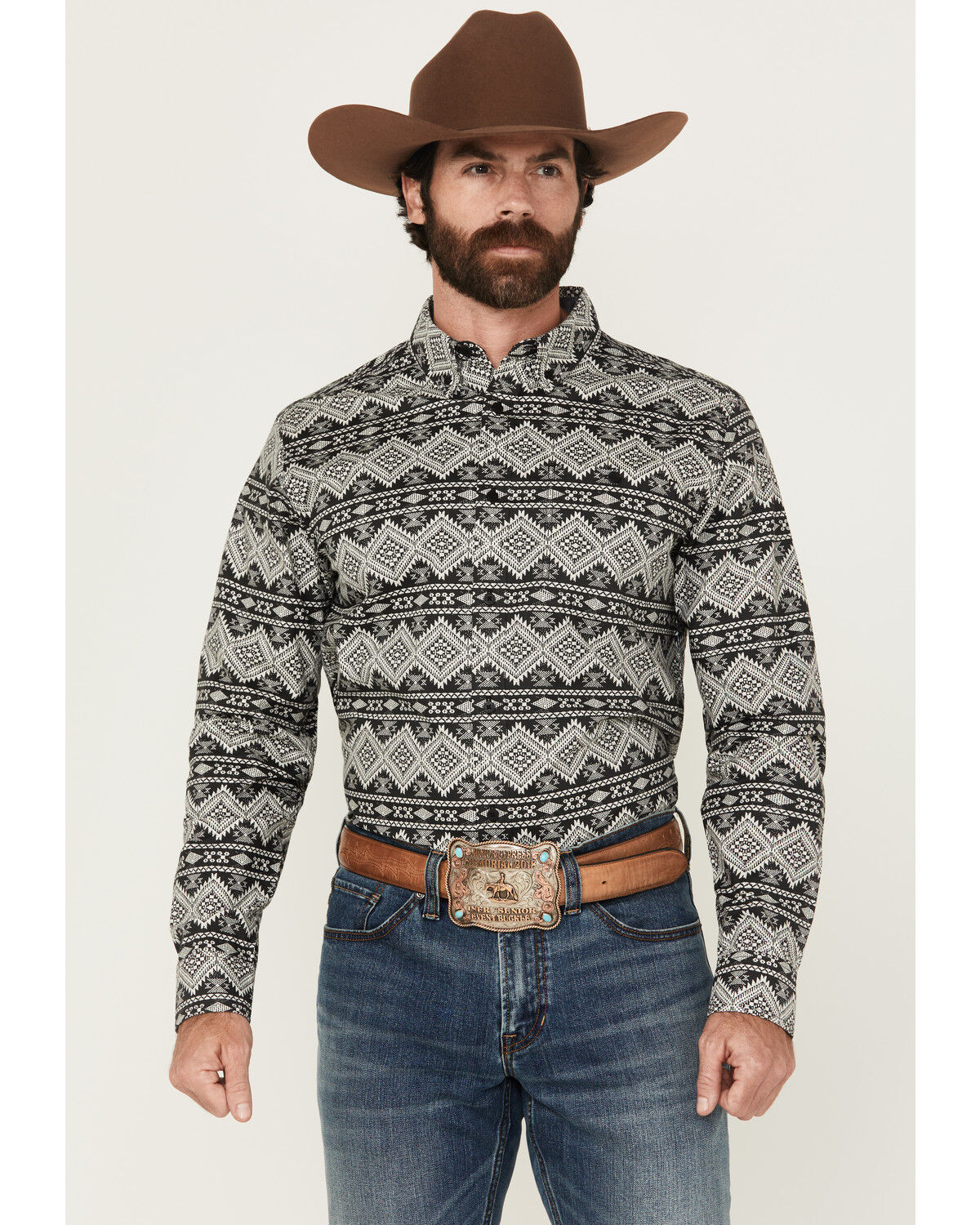 Image #1 - RANK 45&reg; Men's Blaze Southwestern Striped Long Sleeve Button-Down Stretch Western Shirt, Black, hi-res