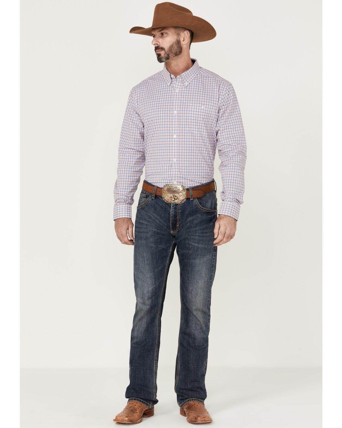 Image #2 - RANK 45&reg; Men's Bronc Small Plaid Print Long Sleeve Button-Down Western Shirt, Red/white/blue, hi-res