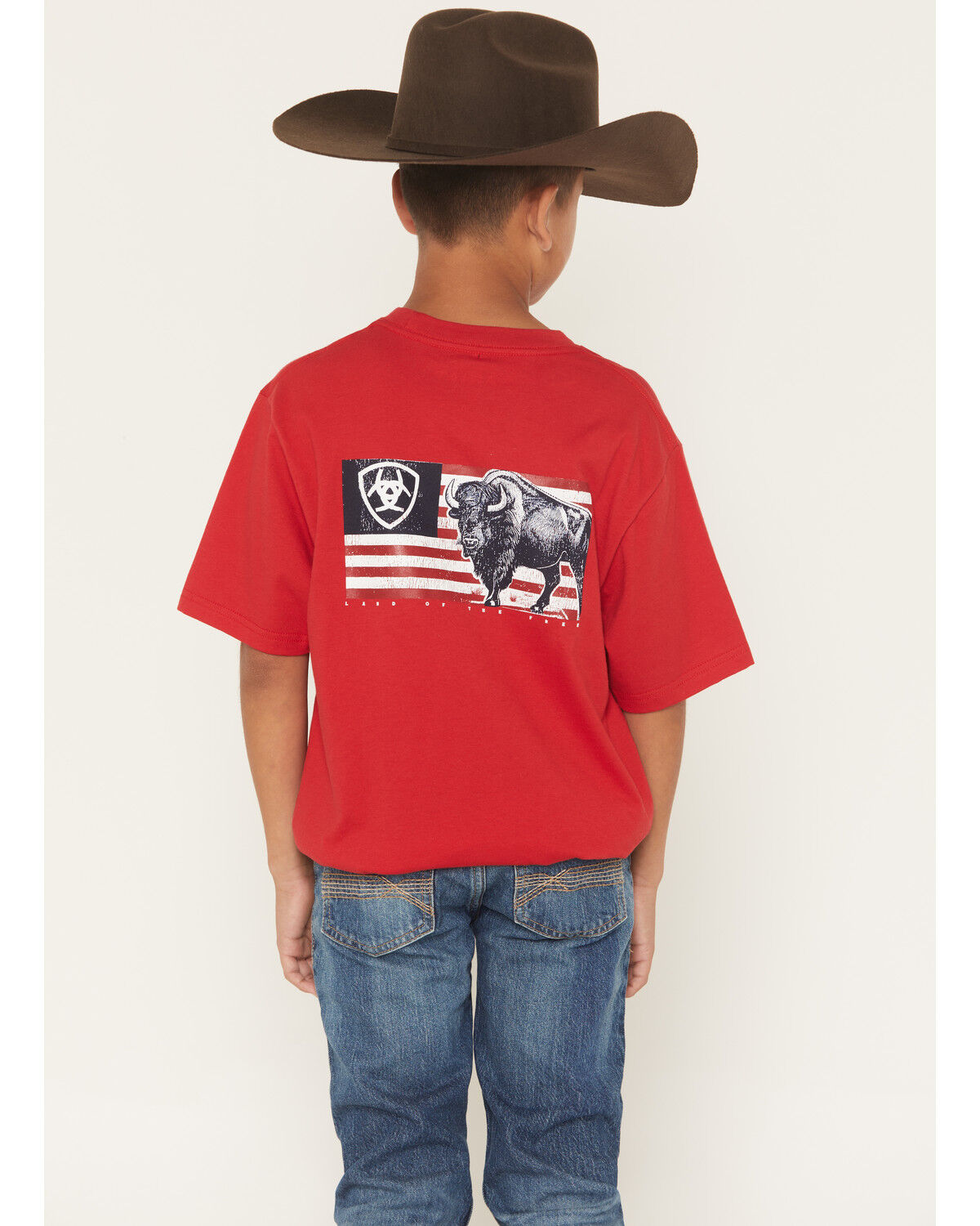 Ariat Boys' Boot Barn Exclusive Etched Bison Flag Short Sleeve Graphic T-Shirt, Red, hi-res