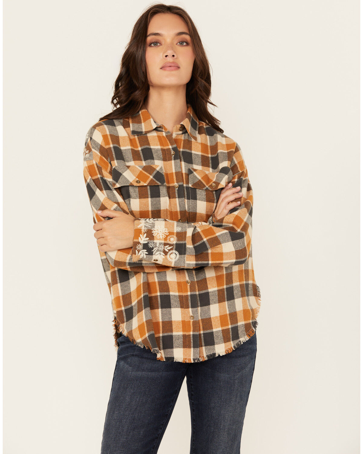 Cleo + Wolf Women's Christian Plaid Print Embroidered Long Sleeve Button-Down Western Shirt, Caramel, hi-res