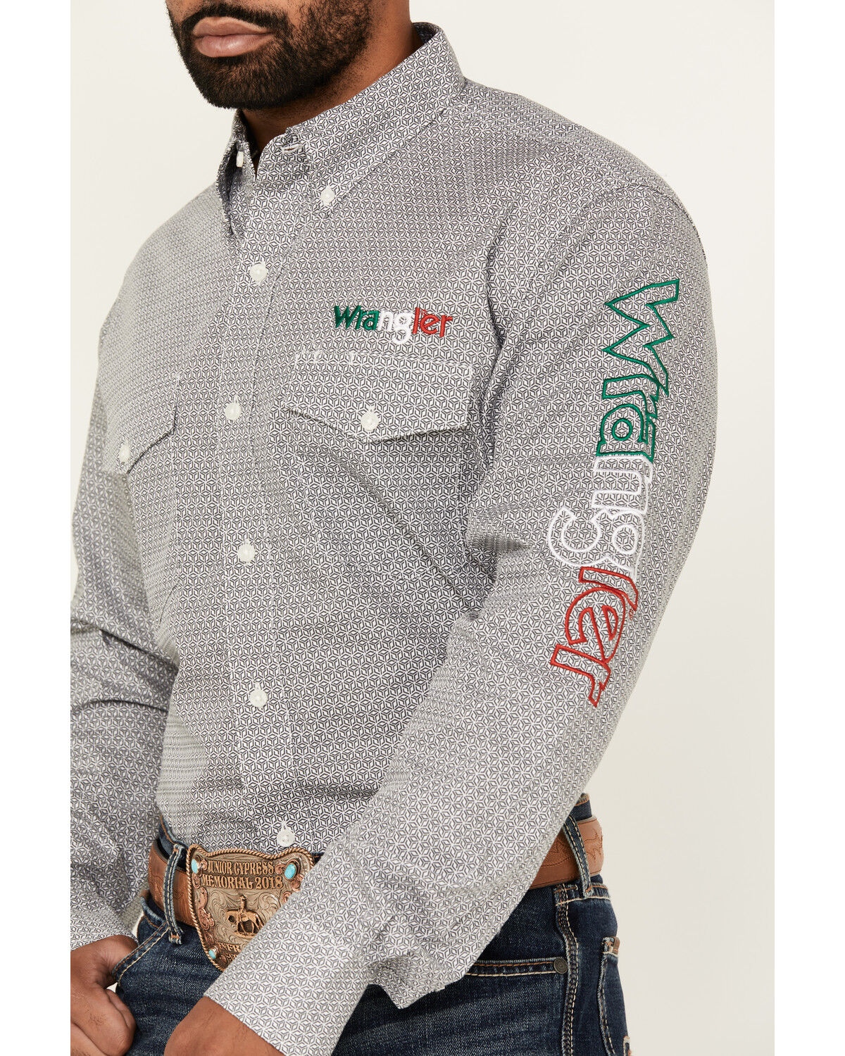 Image #3 - Wrangler Men's Mexico Flag Logo Geo Print Long Sleeve Button-Down Western Shirt, Grey, hi-res