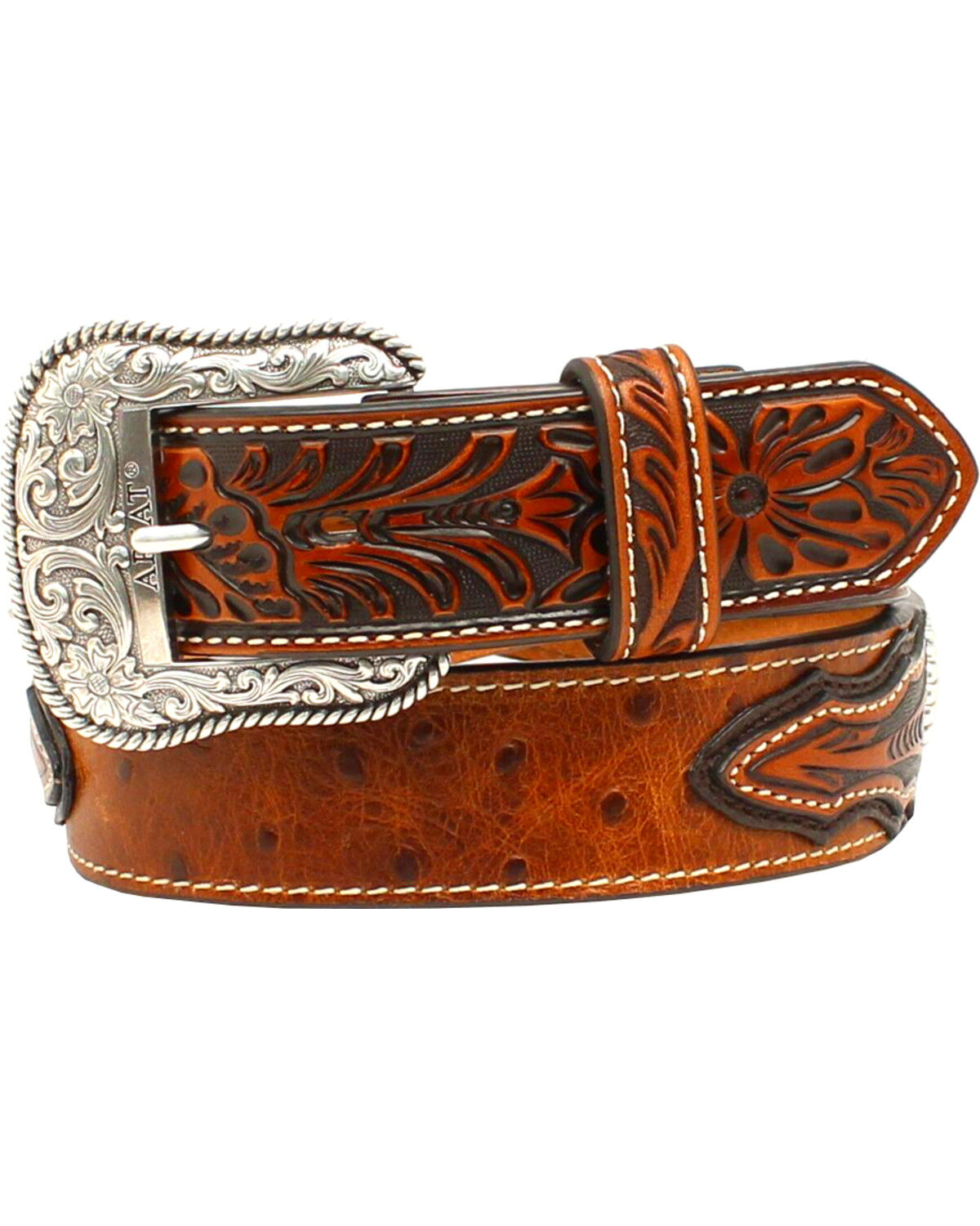Image #1 - Ariat Men's Ostrich Print Concho Leather Belt, Brown, hi-res