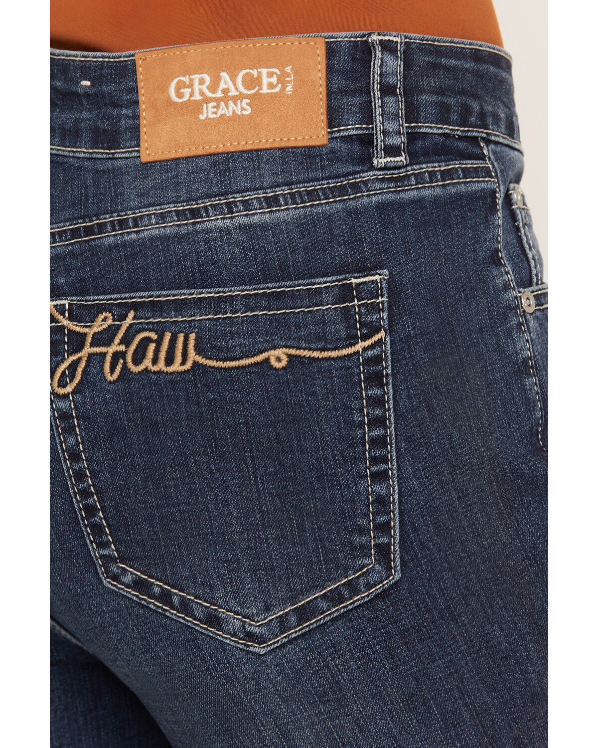 Image #2 - Grace in LA Women's Dark Wash Yeehaw Pocket Flare Stretch Denim Jeans, Dark Wash, hi-res