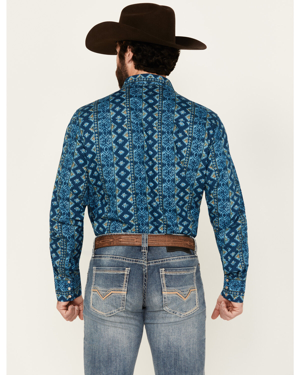 Image #4 - Wrangler Men's Checotah Southwestern Striped Long Sleeve Pearl Snap Western Shirt - Big, Blue, hi-res