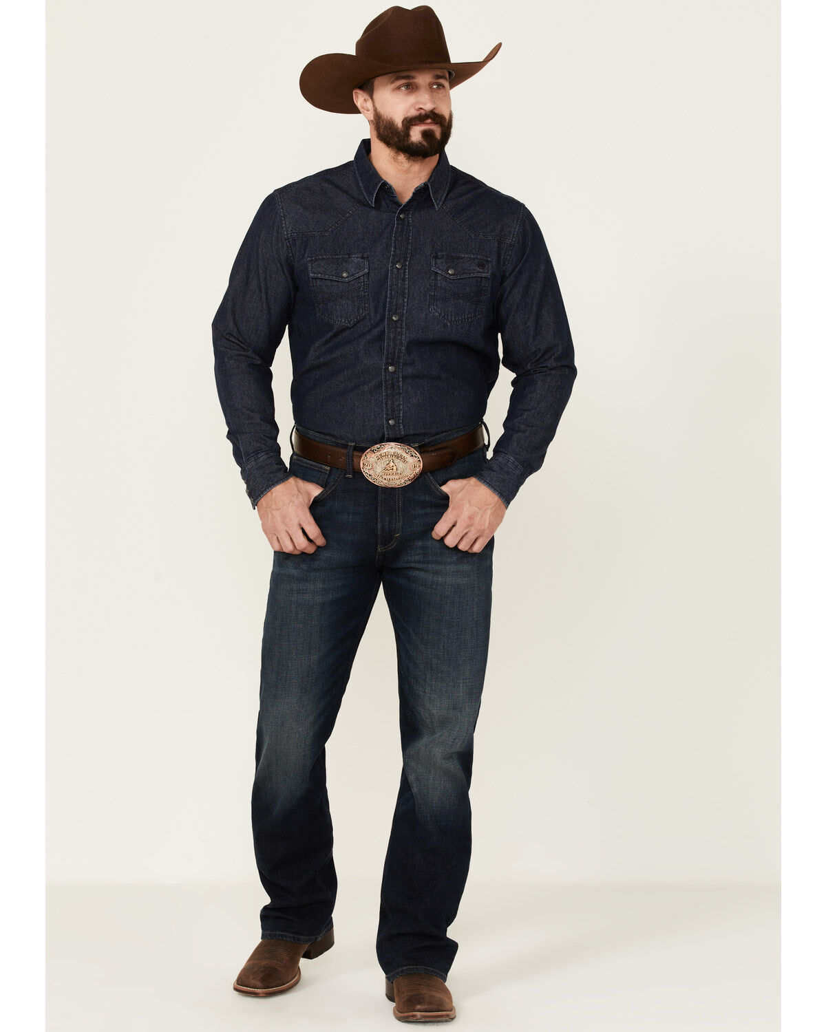 Image #3 - Blue Ranchwear Men's Heavyweight Dark Wash Denim Snap Western Shirt, Dark Blue, hi-res
