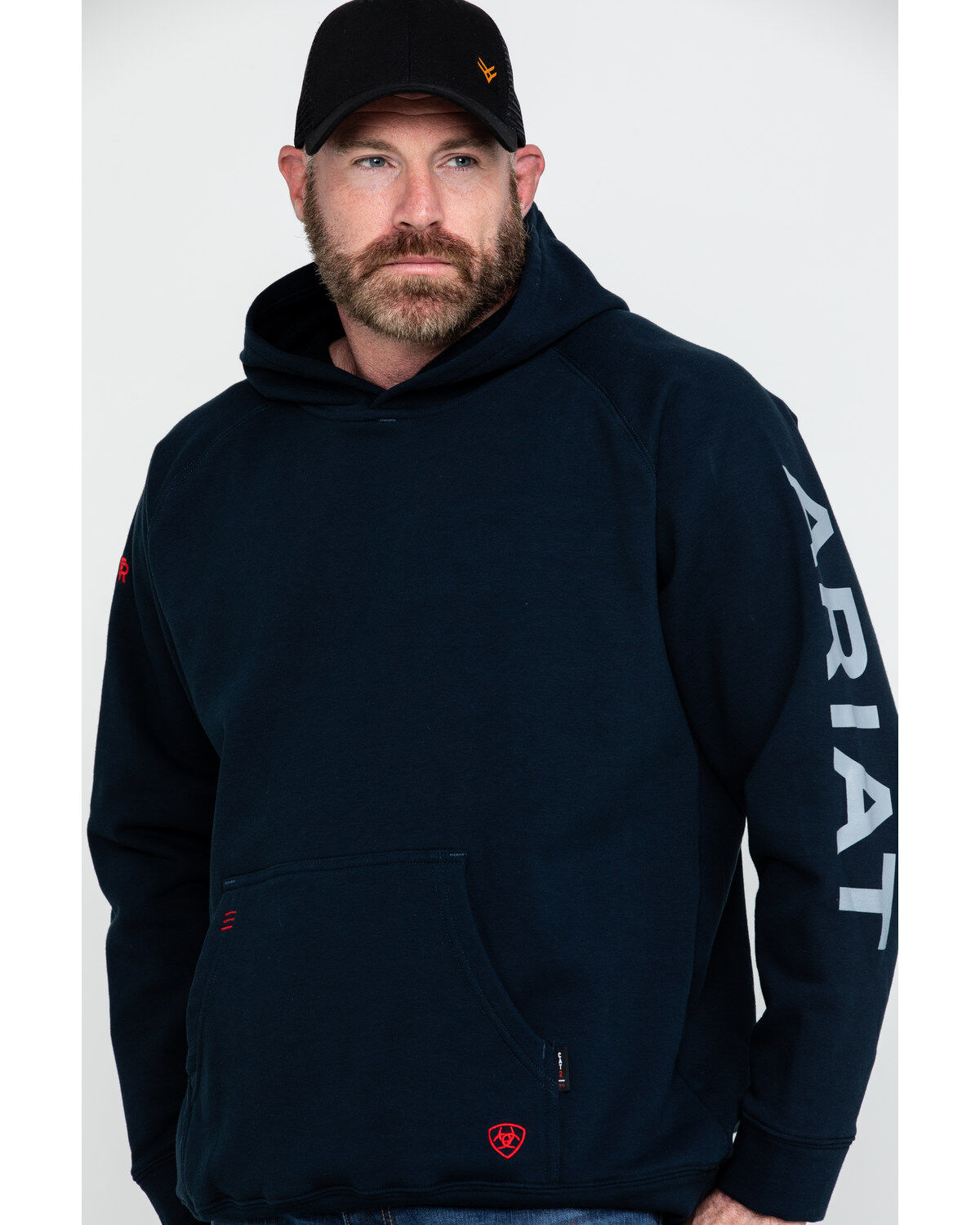 Ariat Men's FR Primo Fleece Logo Hooded Work Sweatshirt - Tall, Navy, hi-res