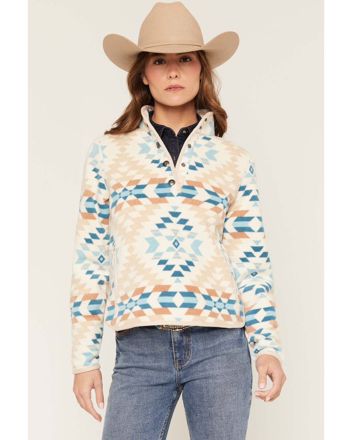 Image #1 - Shyanne Women's Polar Fleece Southwestern Print Snap Pullover, Khaki, hi-res