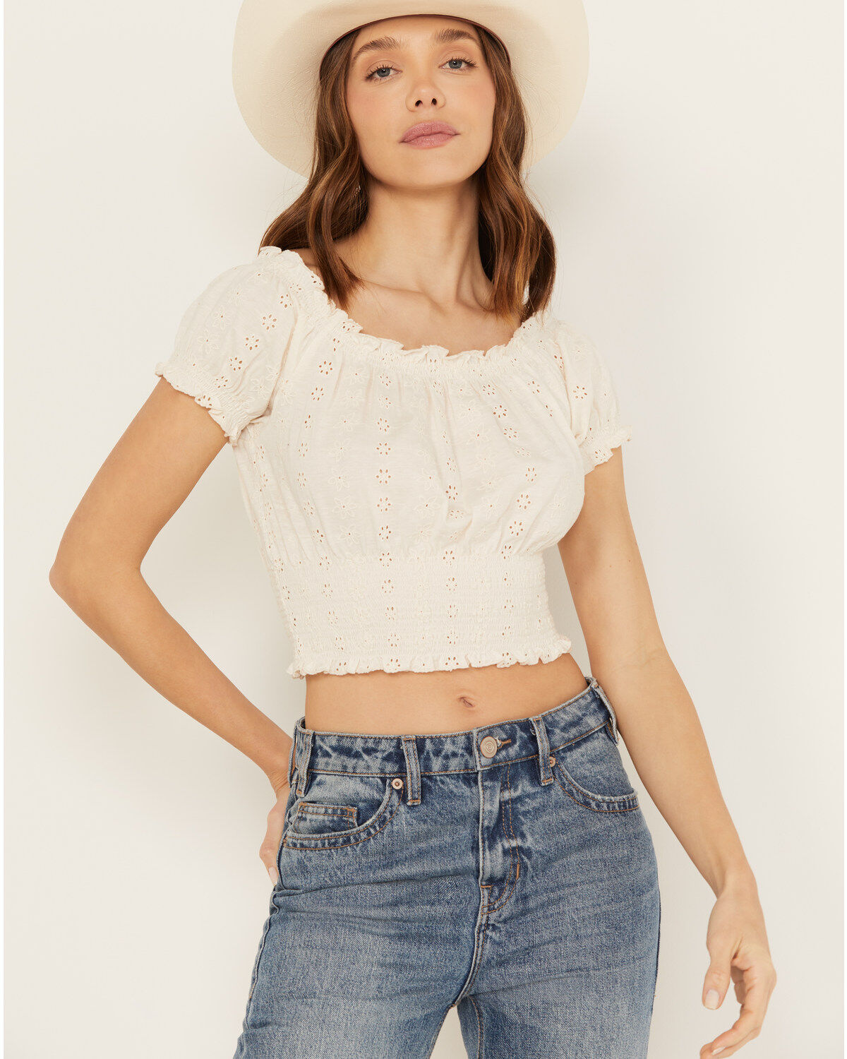 Cleo + Wolf Women's Knit Eyelet Smocked Crop Top, Cream, hi-res