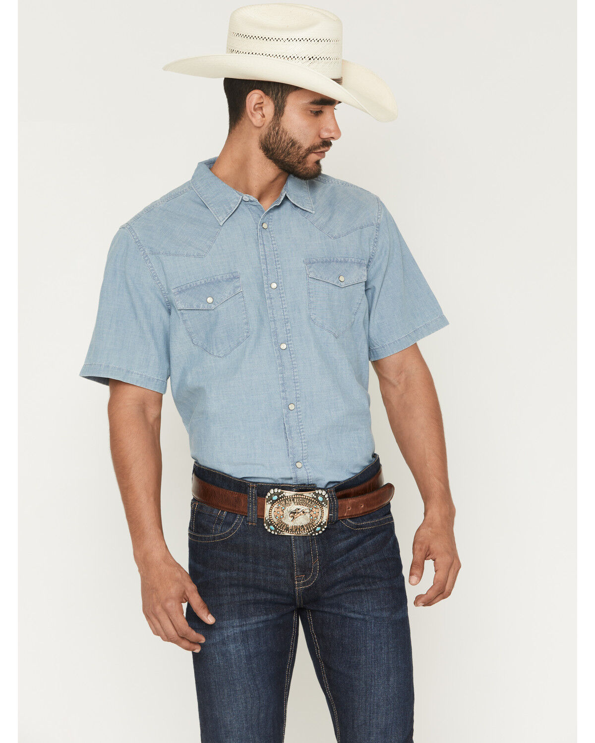 Cody James Men's Horizon Chambray Light Wash Short Sleeve Snap Western Shirt, Light Wash, hi-res