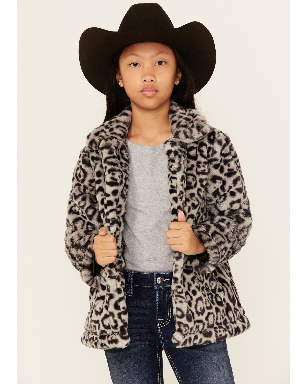 Urban Republic Girls' Jaguar Print Long Faux Fur Coat, Grey, hi-res