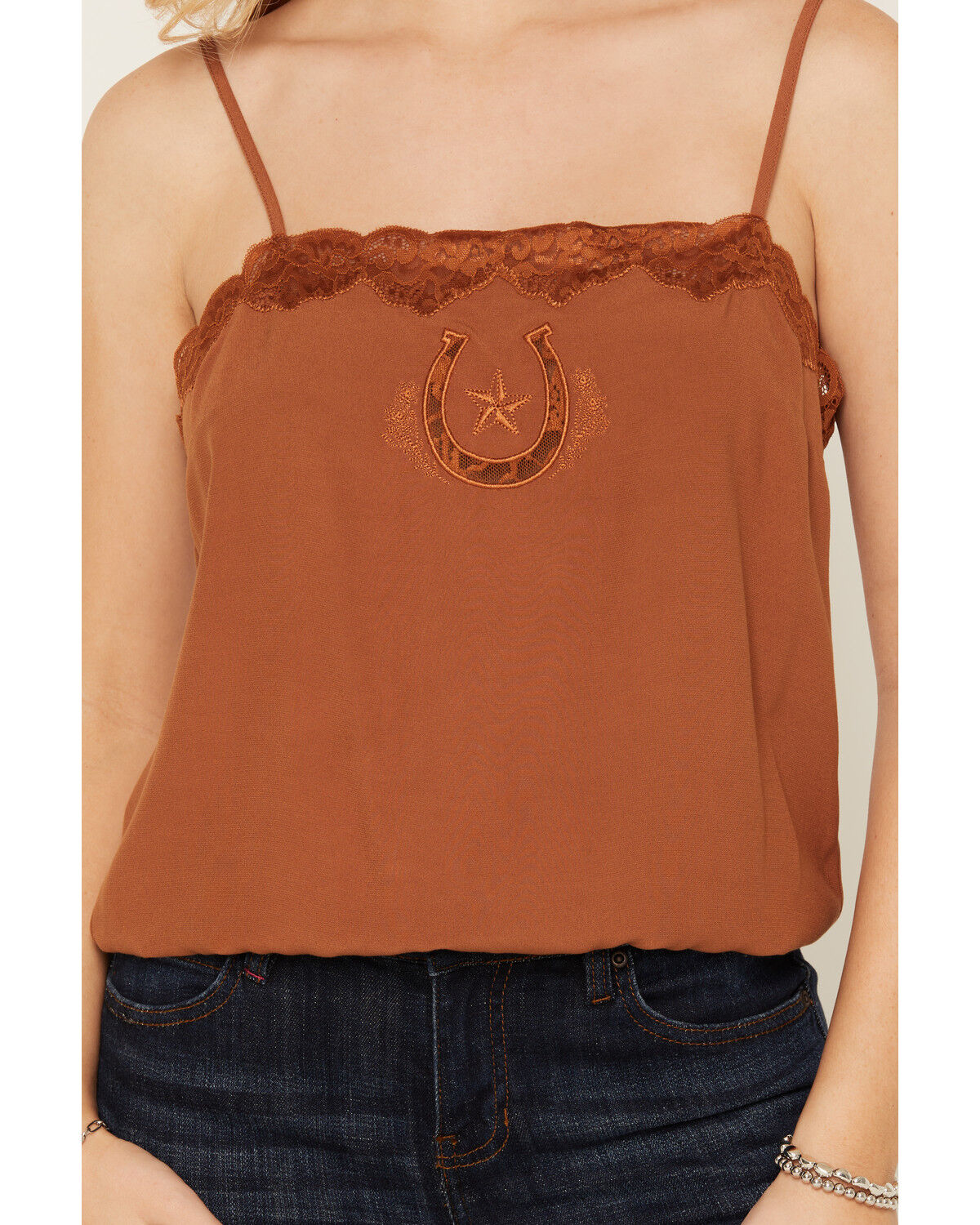 Image #4 - Idyllwind Women's Sage Satin Lace Cami, Caramel, hi-res