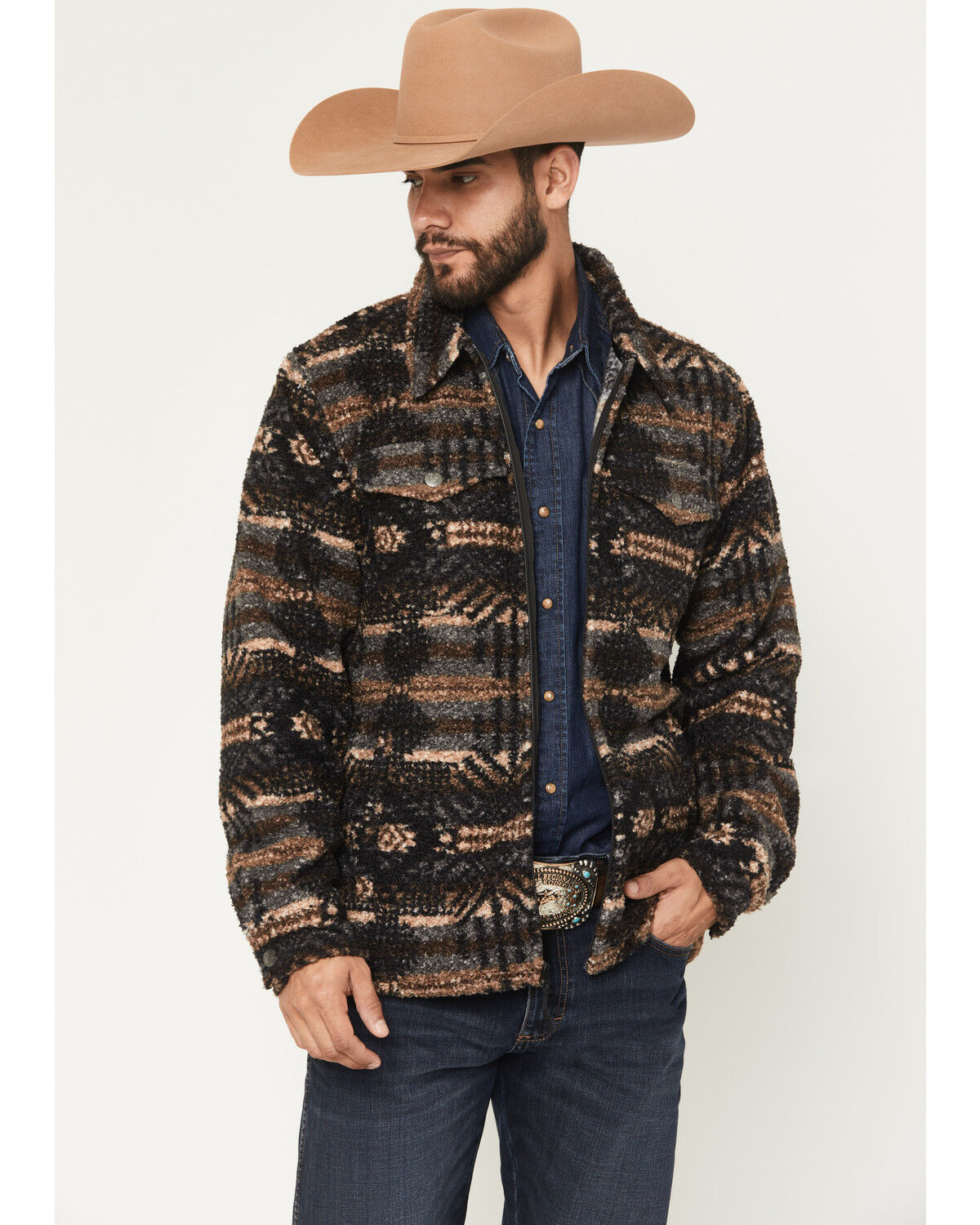 Image #1 - Panhandle Slim Men's Jicarilla Southwestern Print Berber Jacket, Charcoal, hi-res