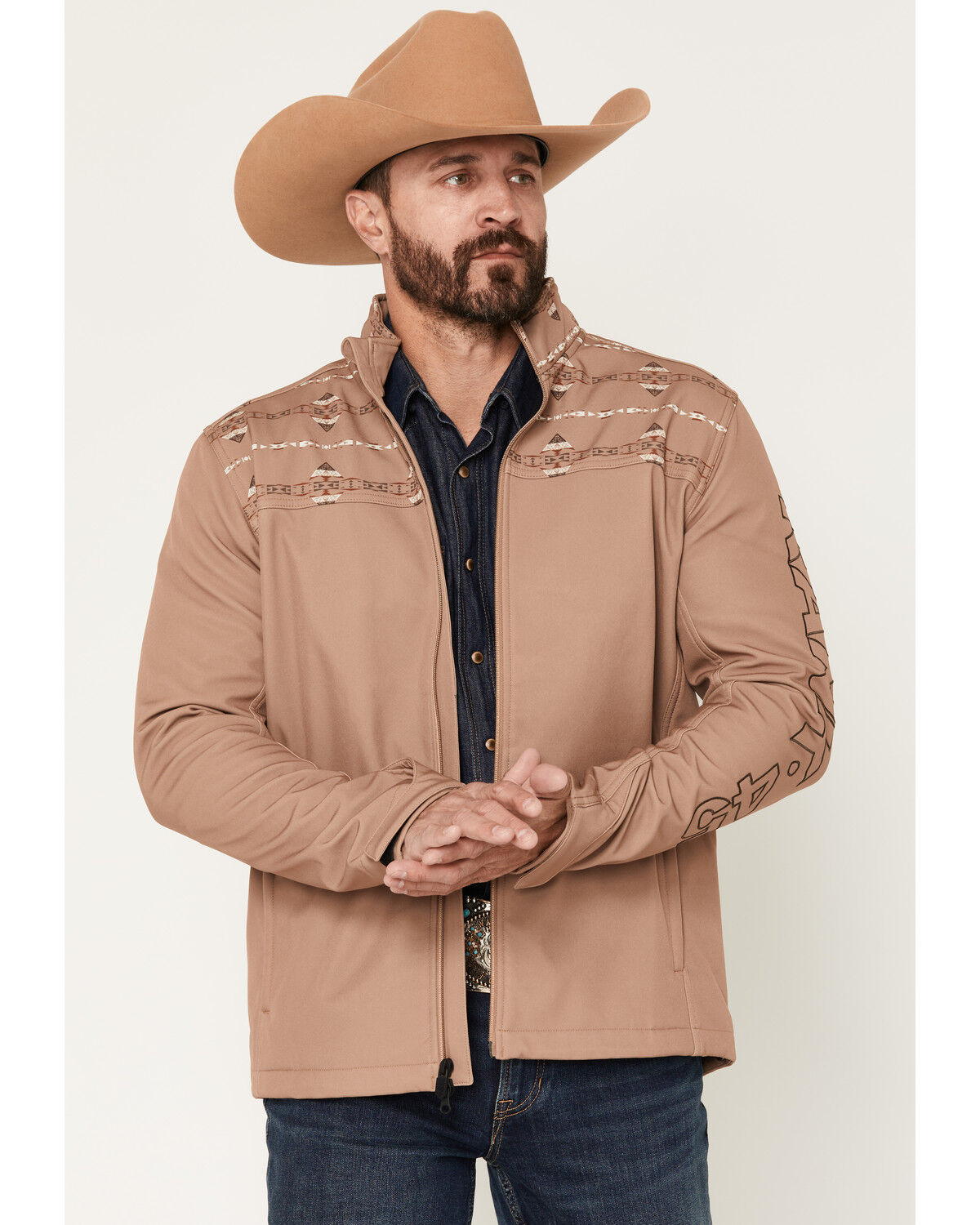 Image #1 - RANK 45&reg; Men's Spurs Southwestern Print Colorblock Softshell Jacket, Tan, hi-res
