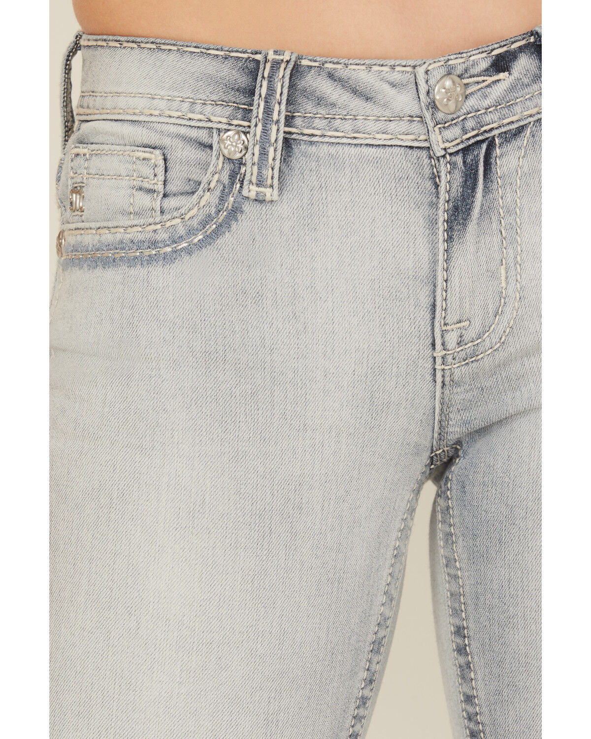 Image #4 - Miss Me Women's Light Wash Mid Rise 32" Bootcut Stretch Denim Jeans, Light Wash, hi-res