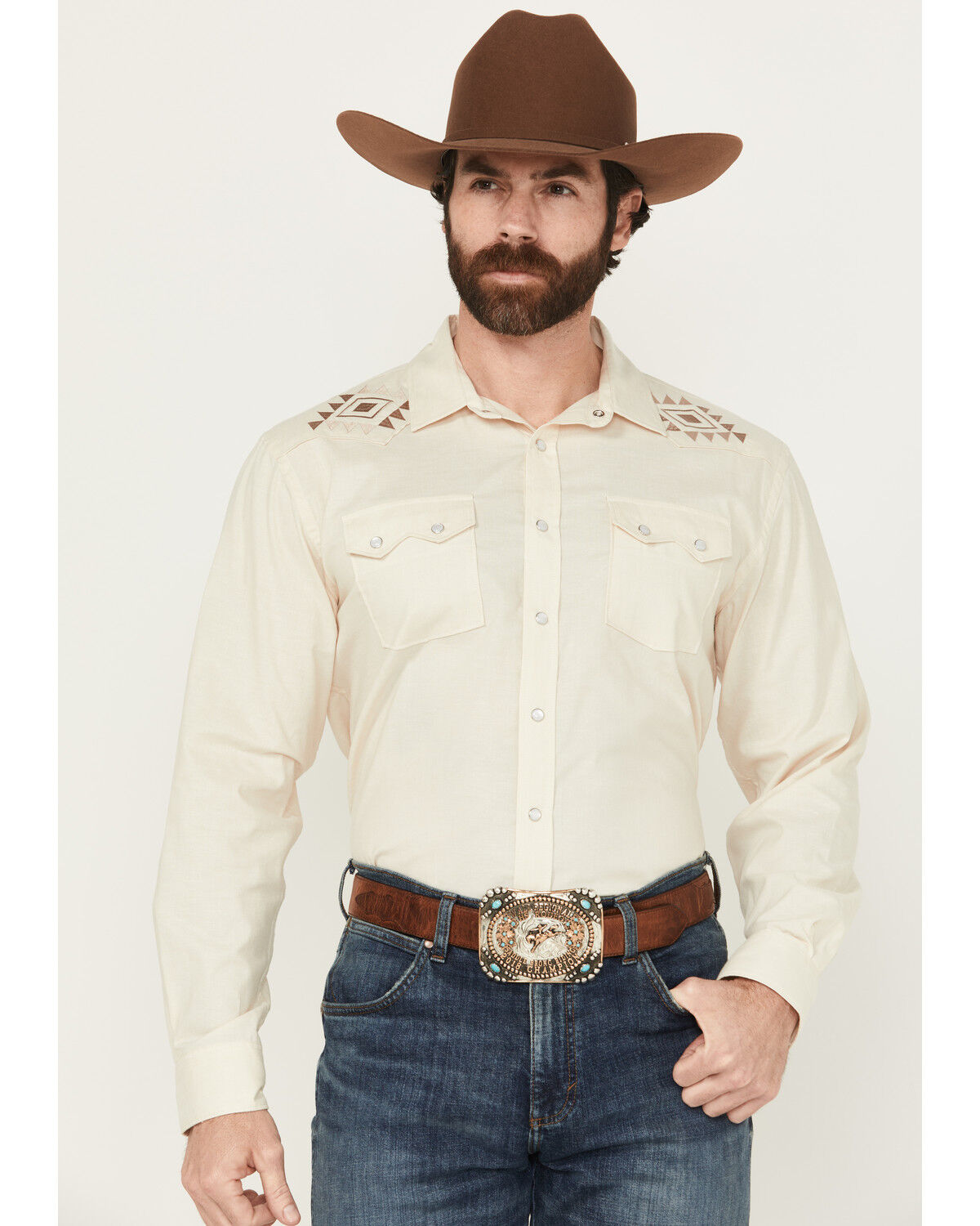 Panhandle Men's Solid Embroidered Long Sleeve Snap Western Shirt, Natural, hi-res