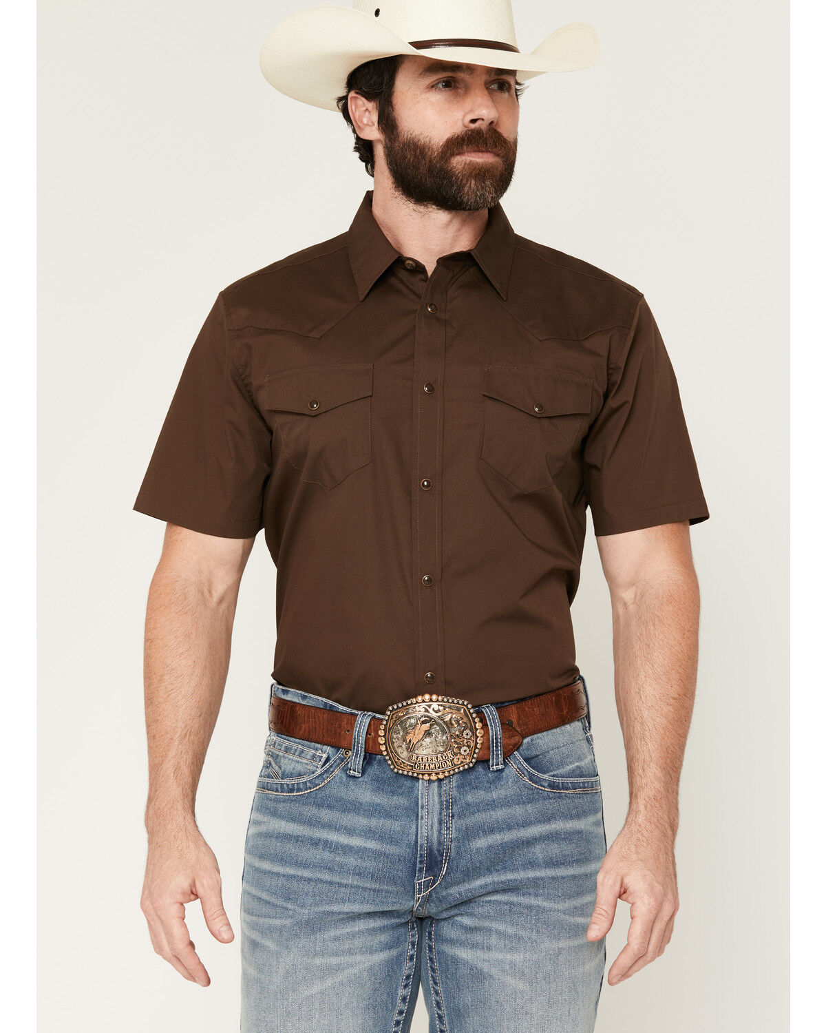 Image #1 - Gibson Trading Co Men's Solid Short Sleeve Snap Western Shirt, Dark Brown, hi-res