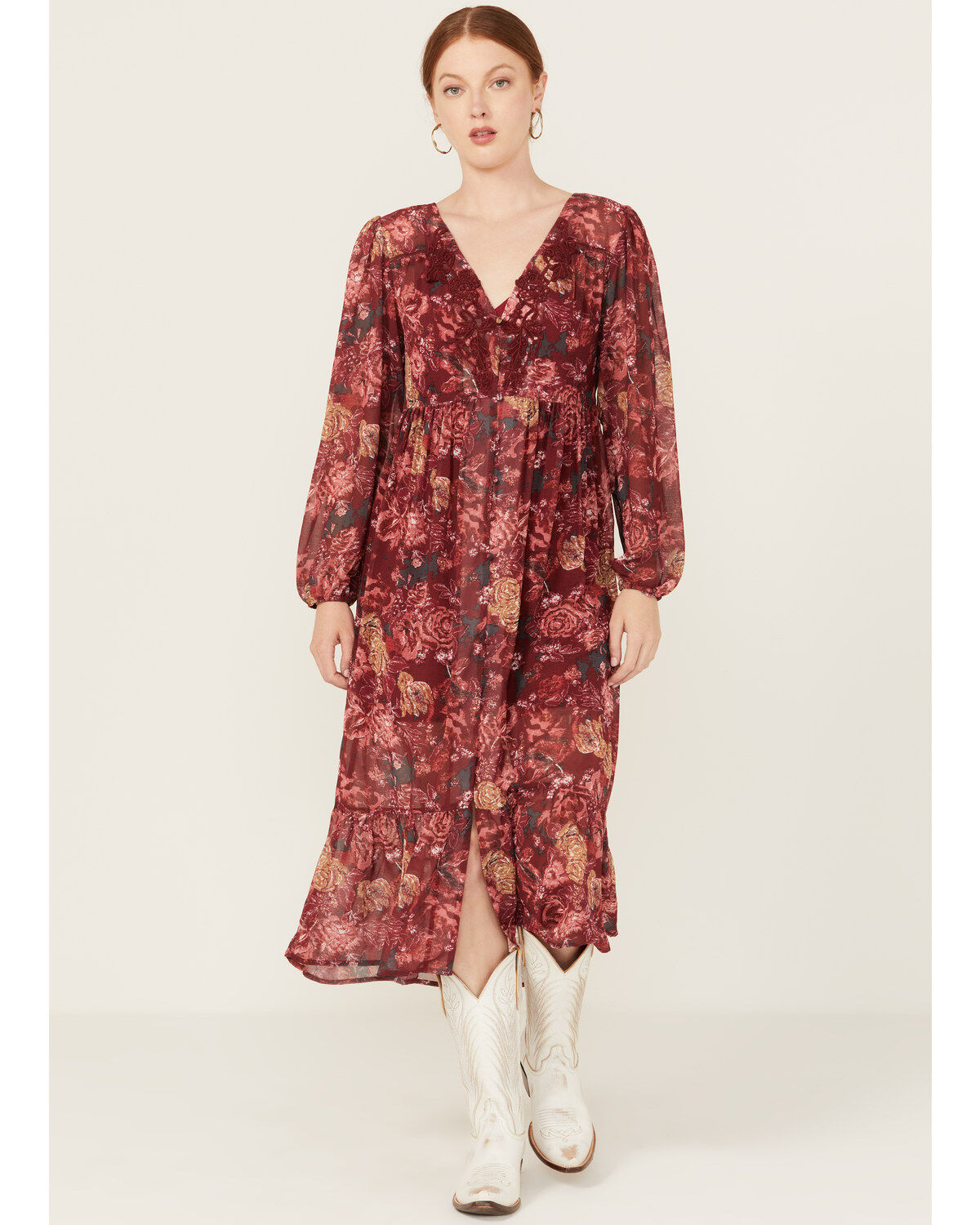 Image #1 - Beyond The Radar Women's Floral Print Crochet Trim Midi Dress, Multi, hi-res