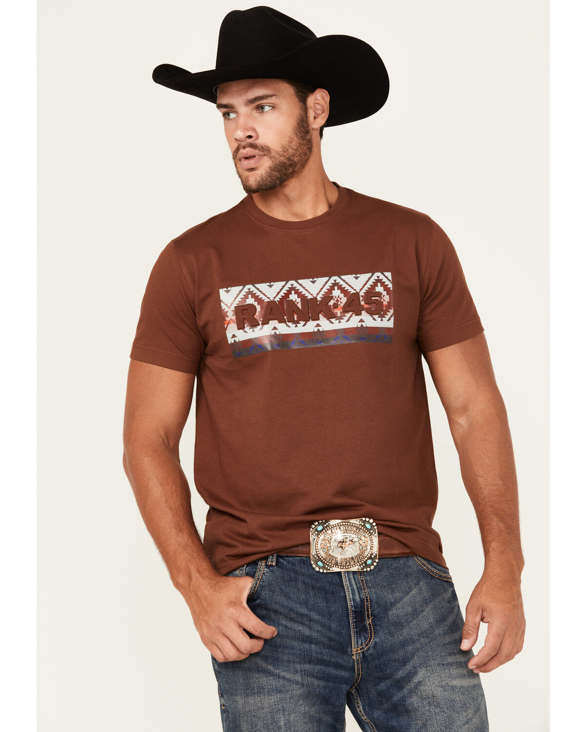 Image #1 - RANK 45&reg; Men's Logo Southwestern Print Short Sleeve Graphic T-Shirt, Coffee, hi-res