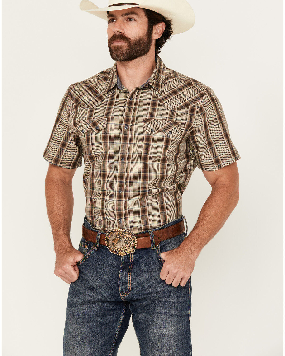 Cody James Men's Poncho Plaid Print Short Sleeve Snap Western Shirt, Brown, hi-res