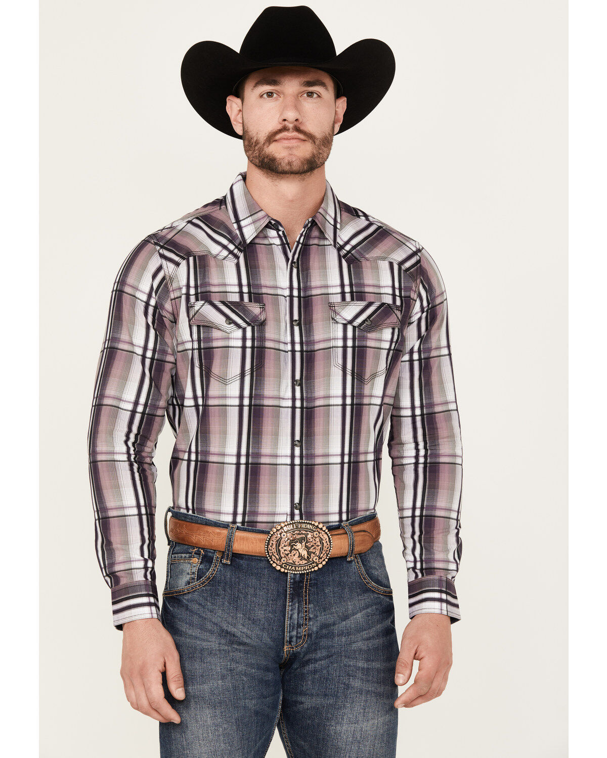 Image #1 - Moonshine Spirit&reg; Men's Back Stage Plaid Print Long Sleeve Snap Western Shirt, Purple, hi-res