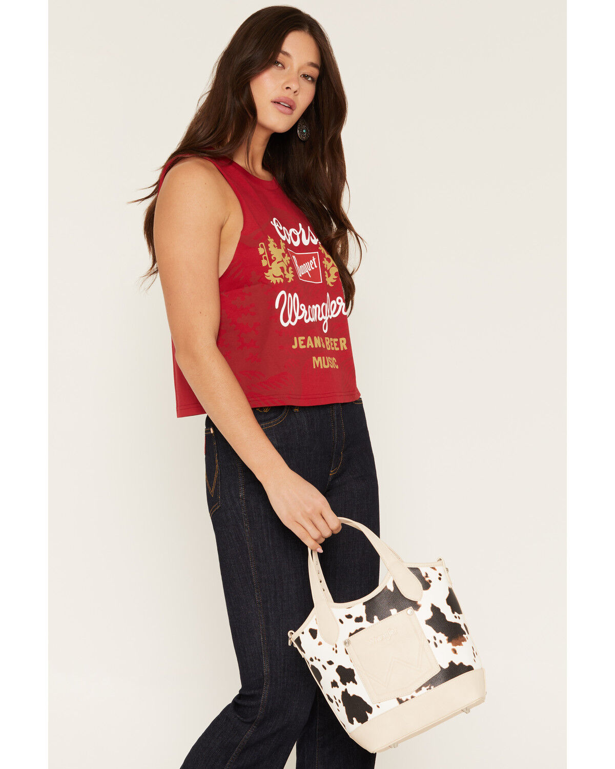 Image #1 - Wrangler X Boot Barn Women's Cow Print Bucket Bag, Beige, hi-res