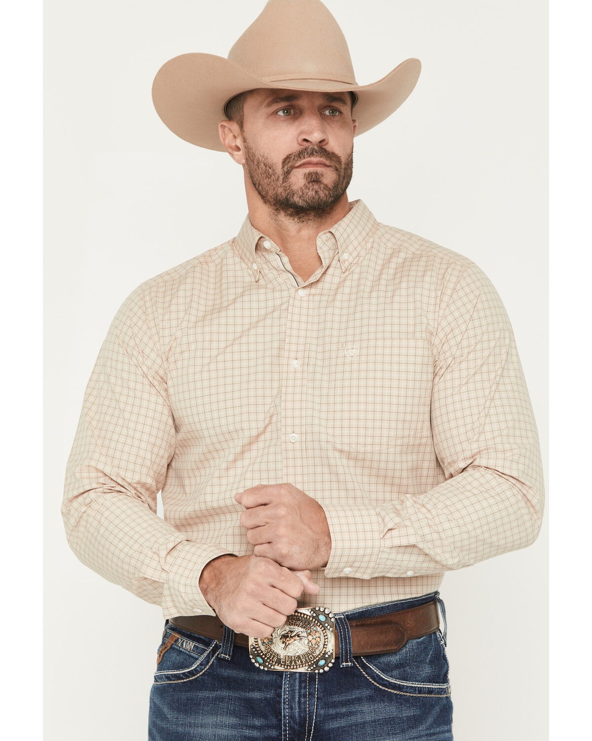 Image #1 - Ariat Men's Pro Series Walt Plaid Print Fitted Long Sleeve Button-Down Western Shirt, Beige, hi-res