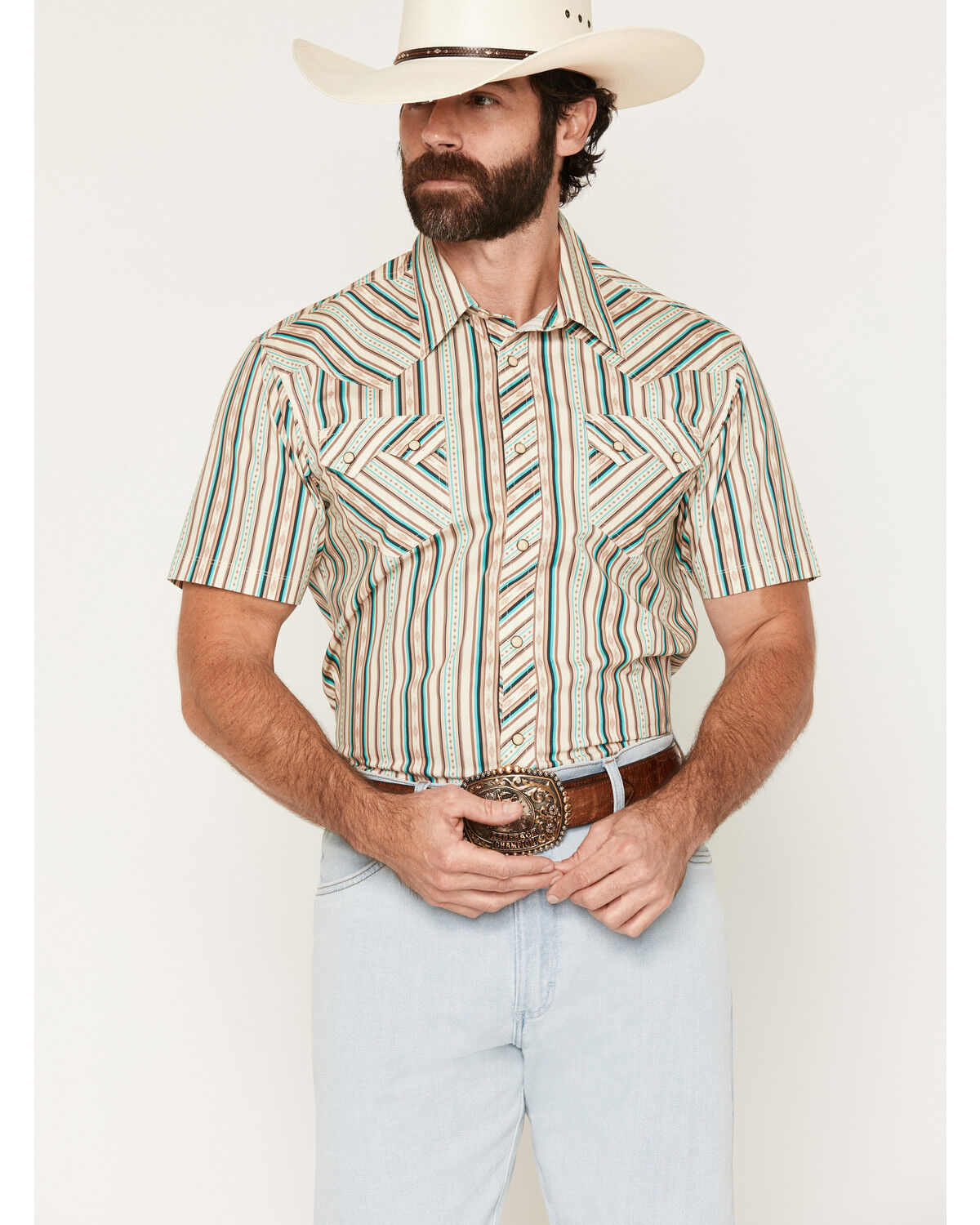 Image #1 - Rock & Roll Denim Men's Striped Short Sleeve Snap Stretch Western Shirt, Teal, hi-res