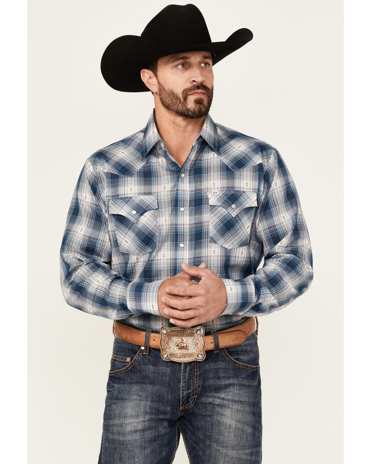 Ely Walker Men's Plaid Print Long Sleeve Pearl Snap Western Shirt, Navy, hi-res
