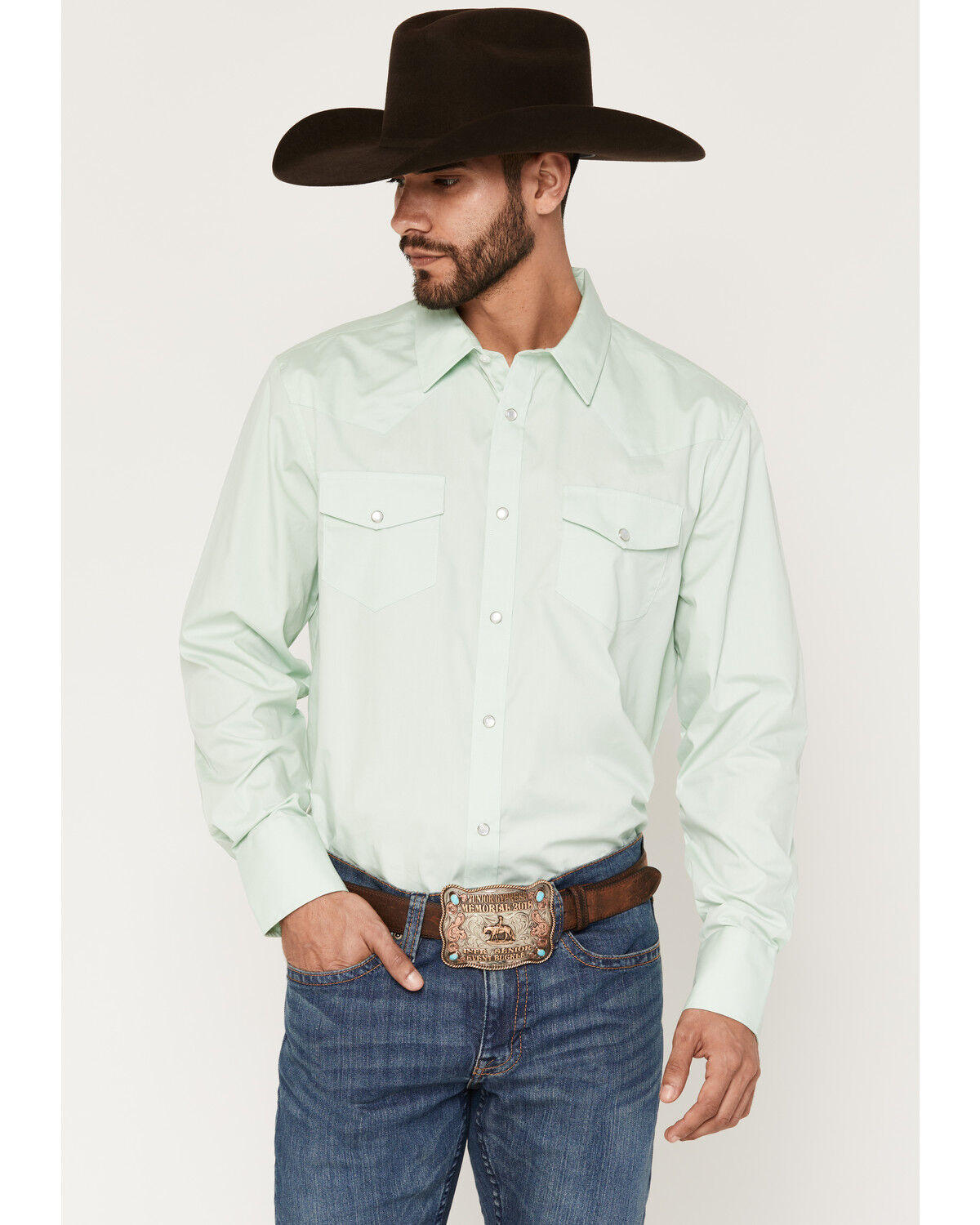 Gibson Trading Co Men's Basic Solid Long Sleeve Snap Western Shirt, Sage, hi-res