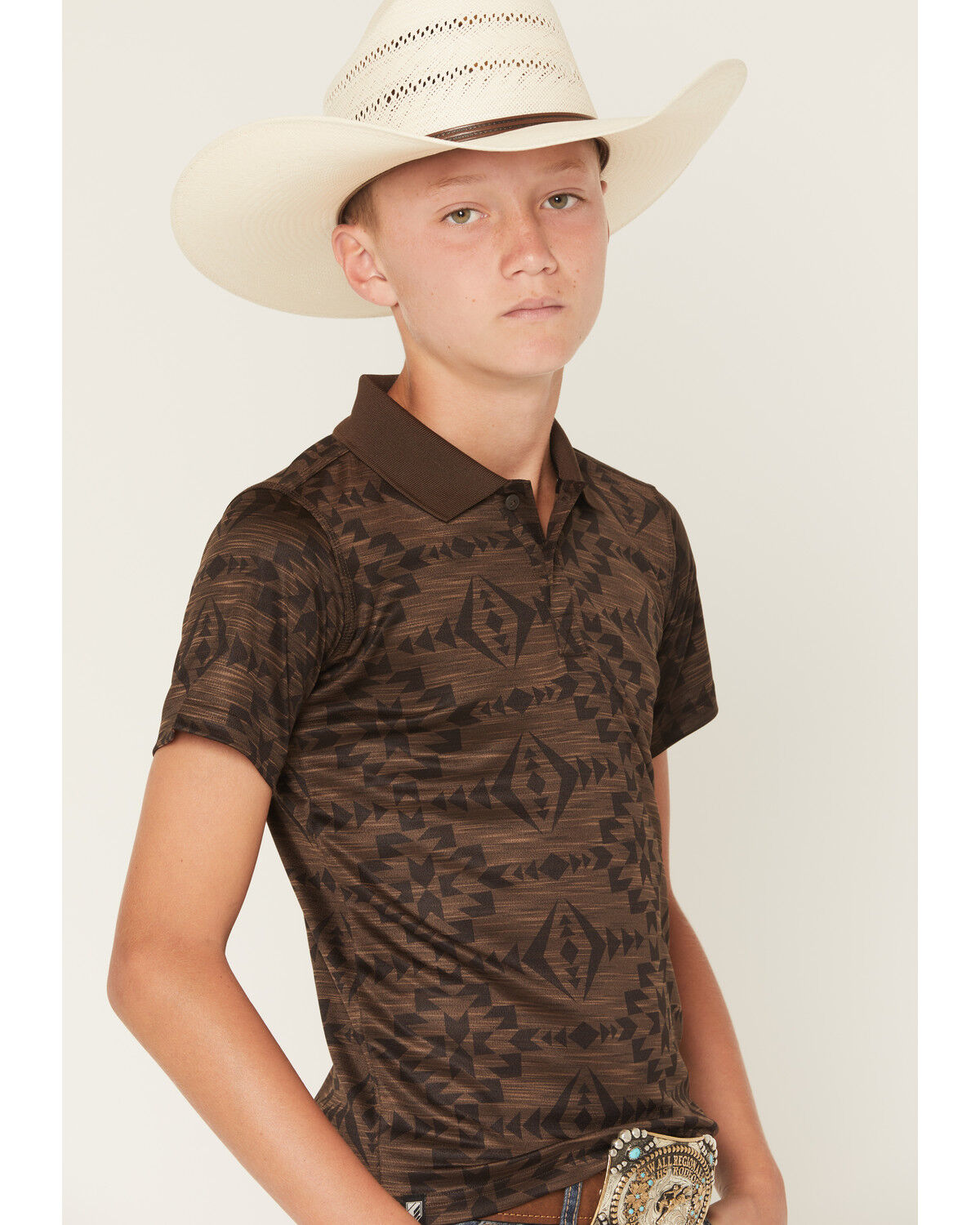 Image #2 - RANK 45&reg; Boys' Tonal Southwestern Short Sleeve Button-Down Polo Shirt, Coffee, hi-res