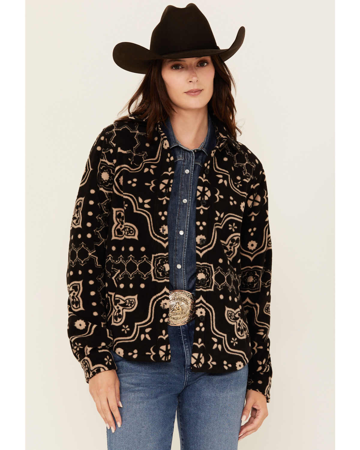 Image #1 - Outback Trading Co Women's Bandana Print Fleece Button-Down Western Shirt, Black, hi-res