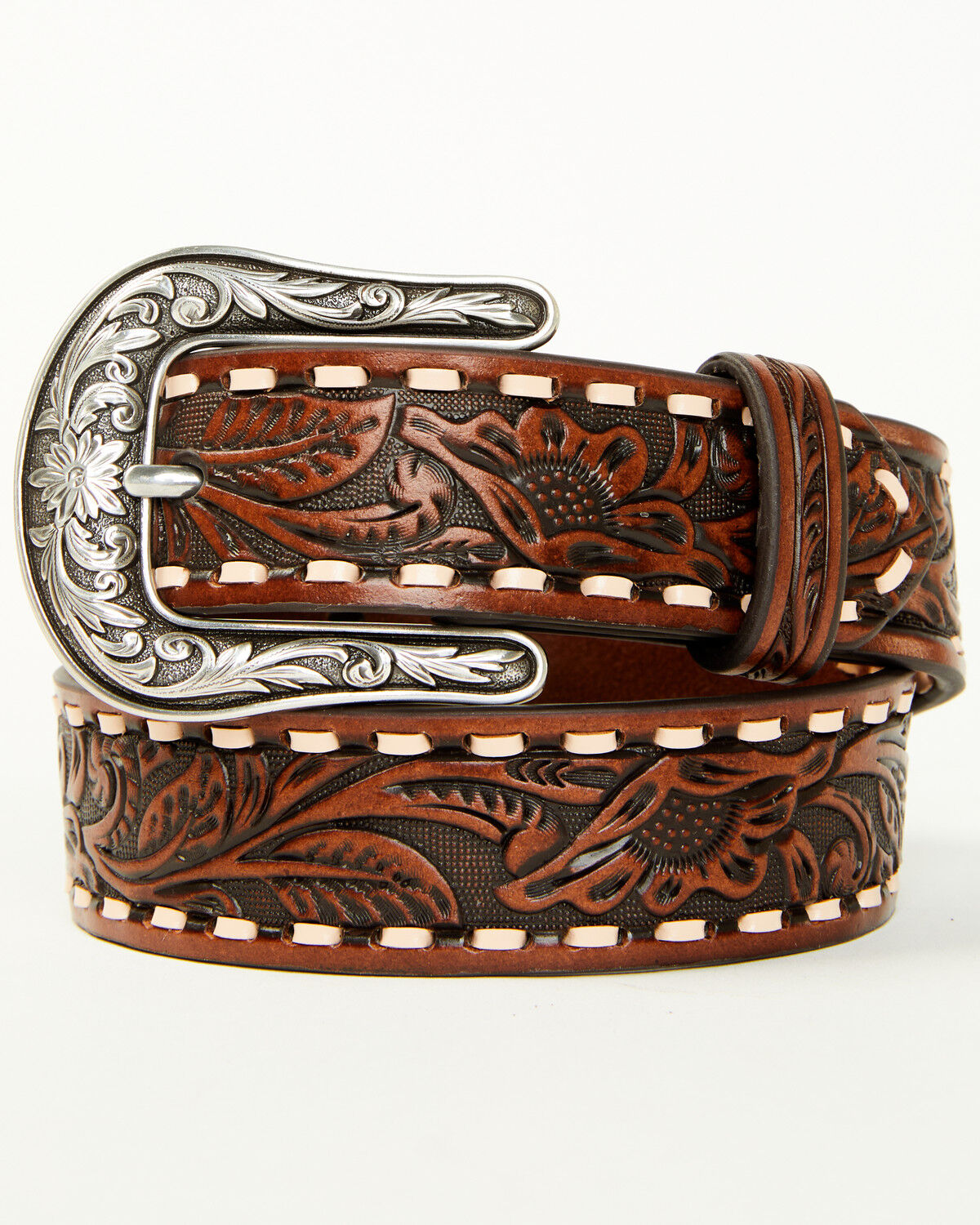 Shyanne Girls' Floral Tooled Belt, Brown, hi-res