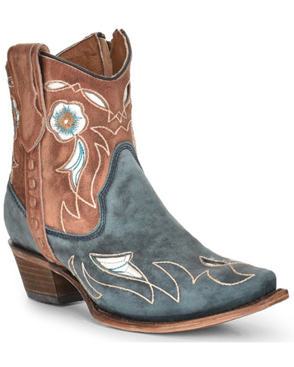 Corral Women's Shedron Floral Inlay Western Ankle Boots - Snip Toe, Blue, hi-res