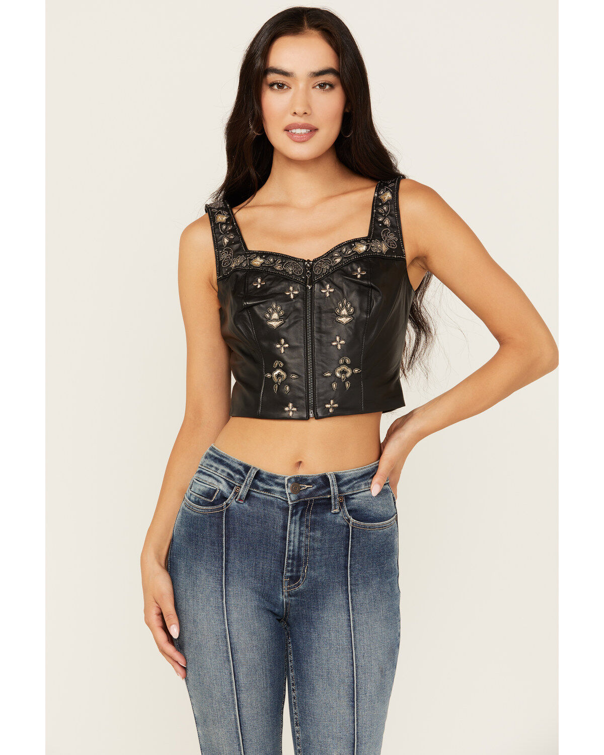 Image #1 - Idyllwind Women's Sunset Embellished Leather Bustier, Black, hi-res