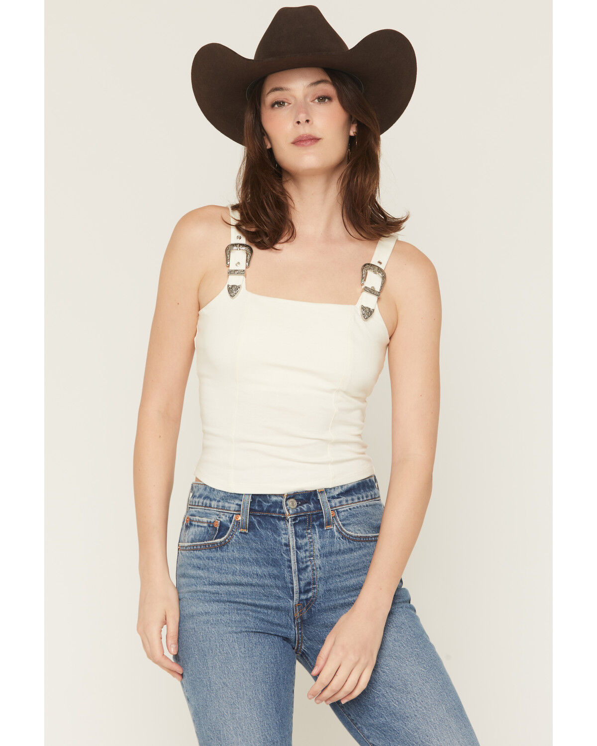 Image #1 - Rock & Roll Denim Women's Buckle Tank, Cream, hi-res
