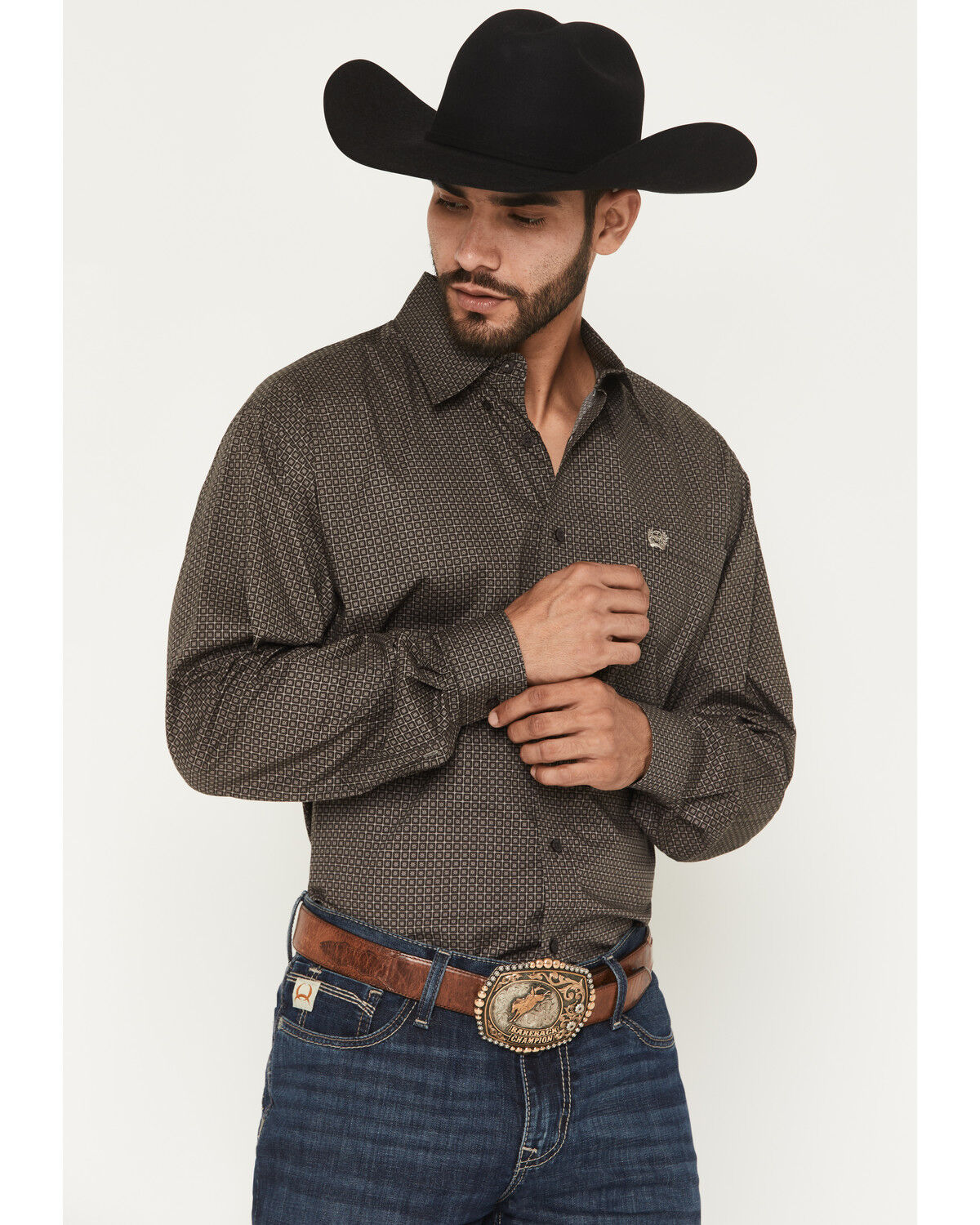 Cinch Men's Micro Geo Print Long Sleeve Button-Down Stretch Western Shirt, Brown, hi-res