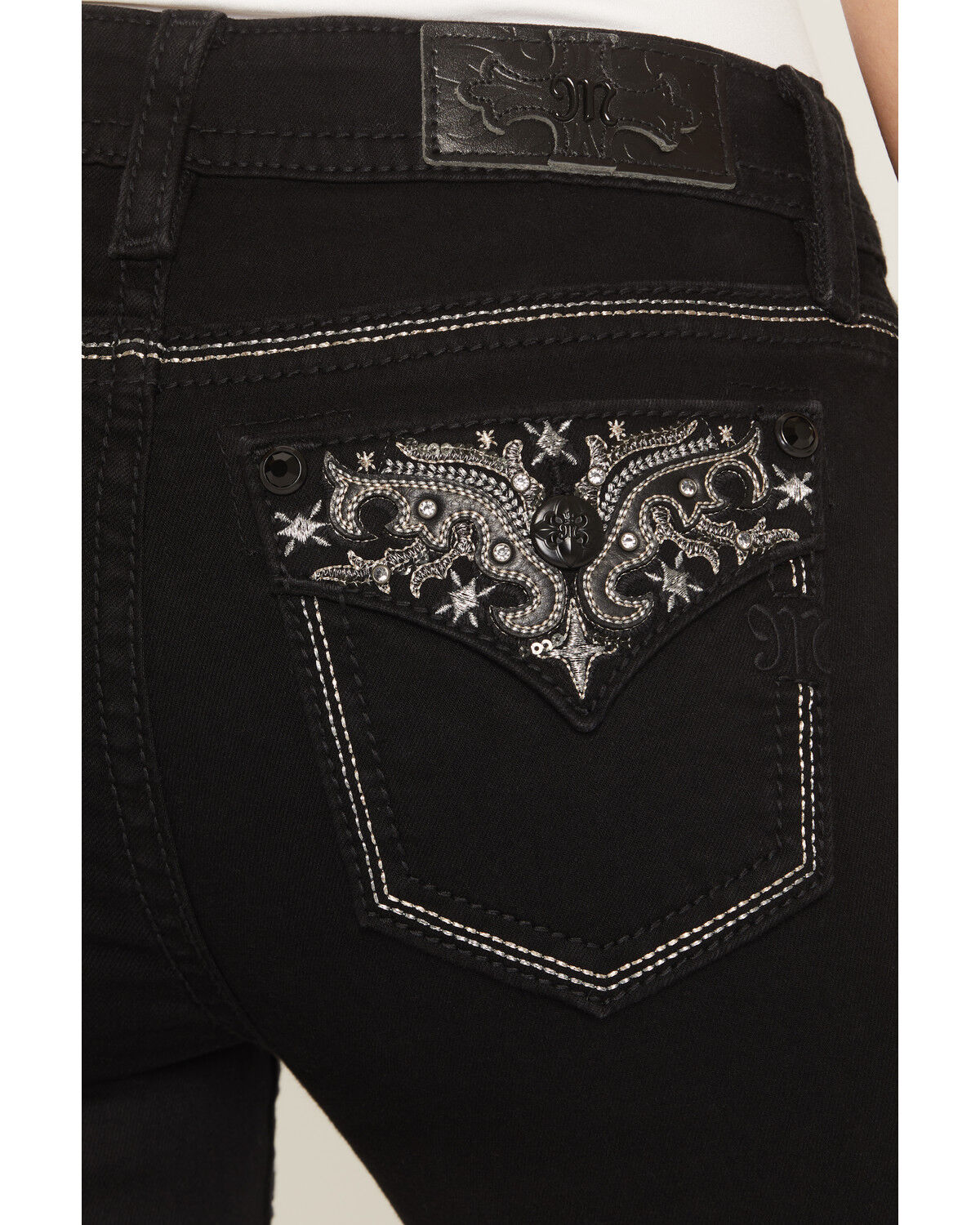 Image #4 - Miss Me Women's Mid Rise Embroidered Pocket 32" Bootcut Stretch Denim Jeans, Black, hi-res