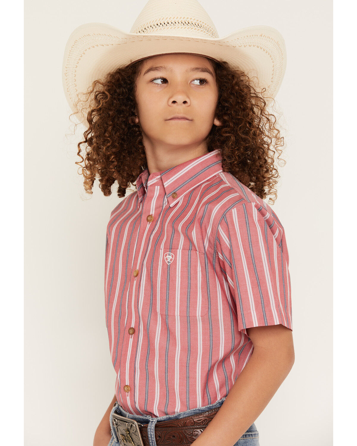 Image #2 - Ariat Boys' Pro Series Bobby Striped Short Sleeve Button-Down Western Shirt, Red, hi-res