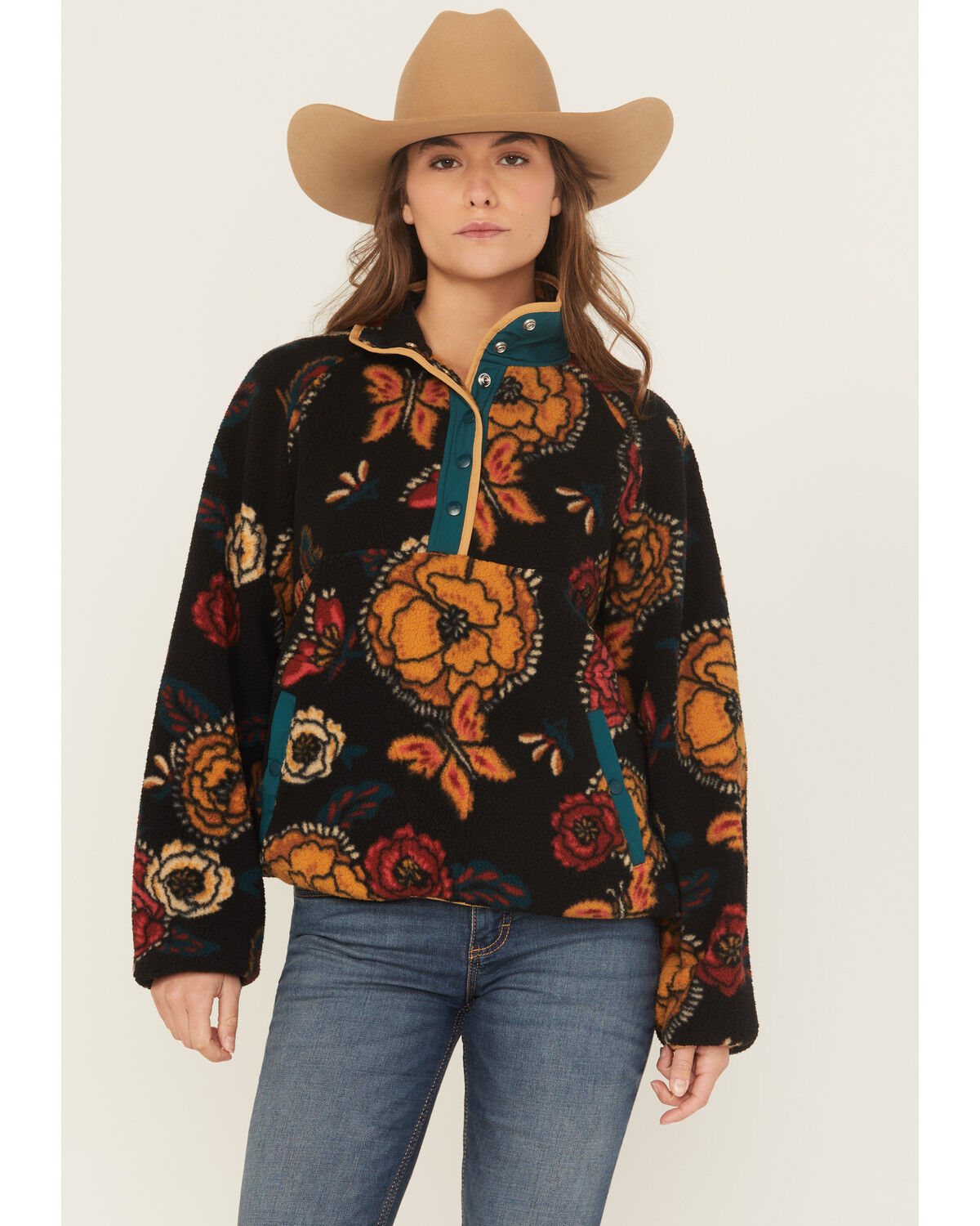 Image #2 - Wrangler Retro Women's Floral Print Sherpa Pullover, Black, hi-res